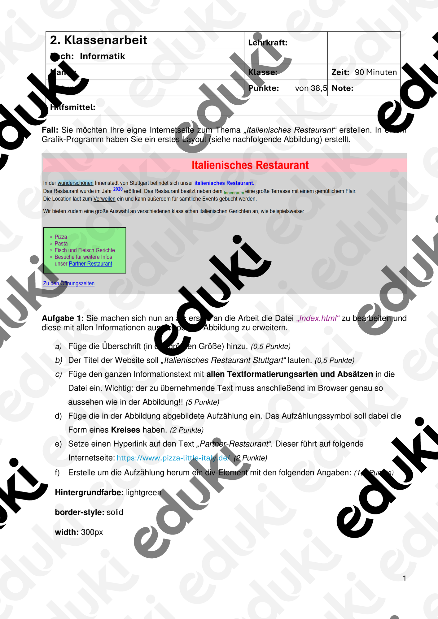 Klassenarbeit - HTML und CSS – Unterrichtsmaterial im Fach Informatik & ITG