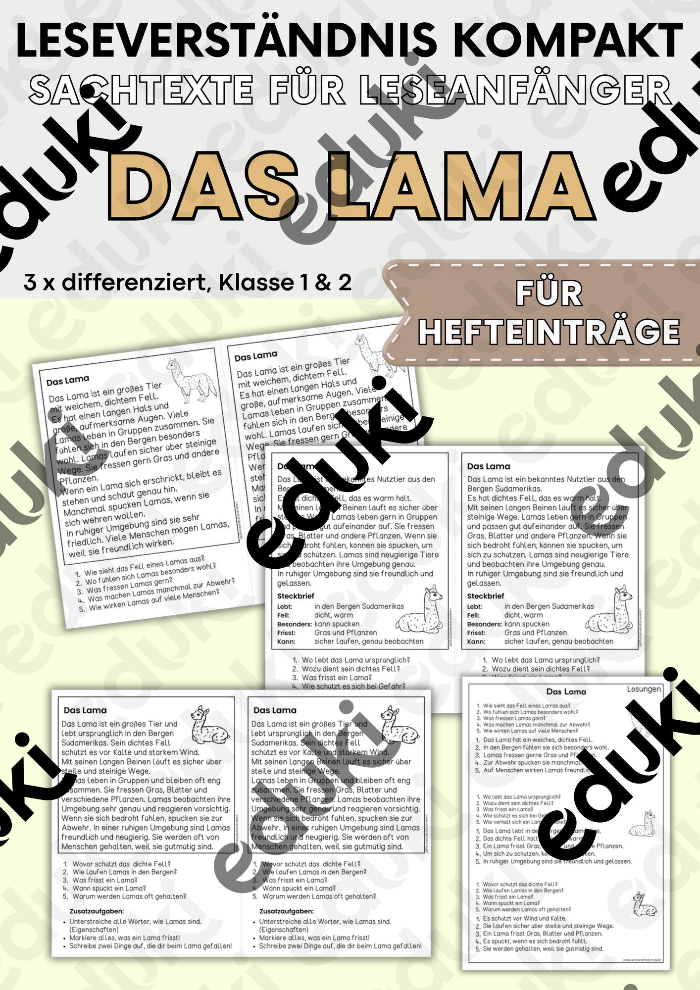 Das Lama für Hefteinträge - 3x differenziert | Leseverständnis Klasse 1
