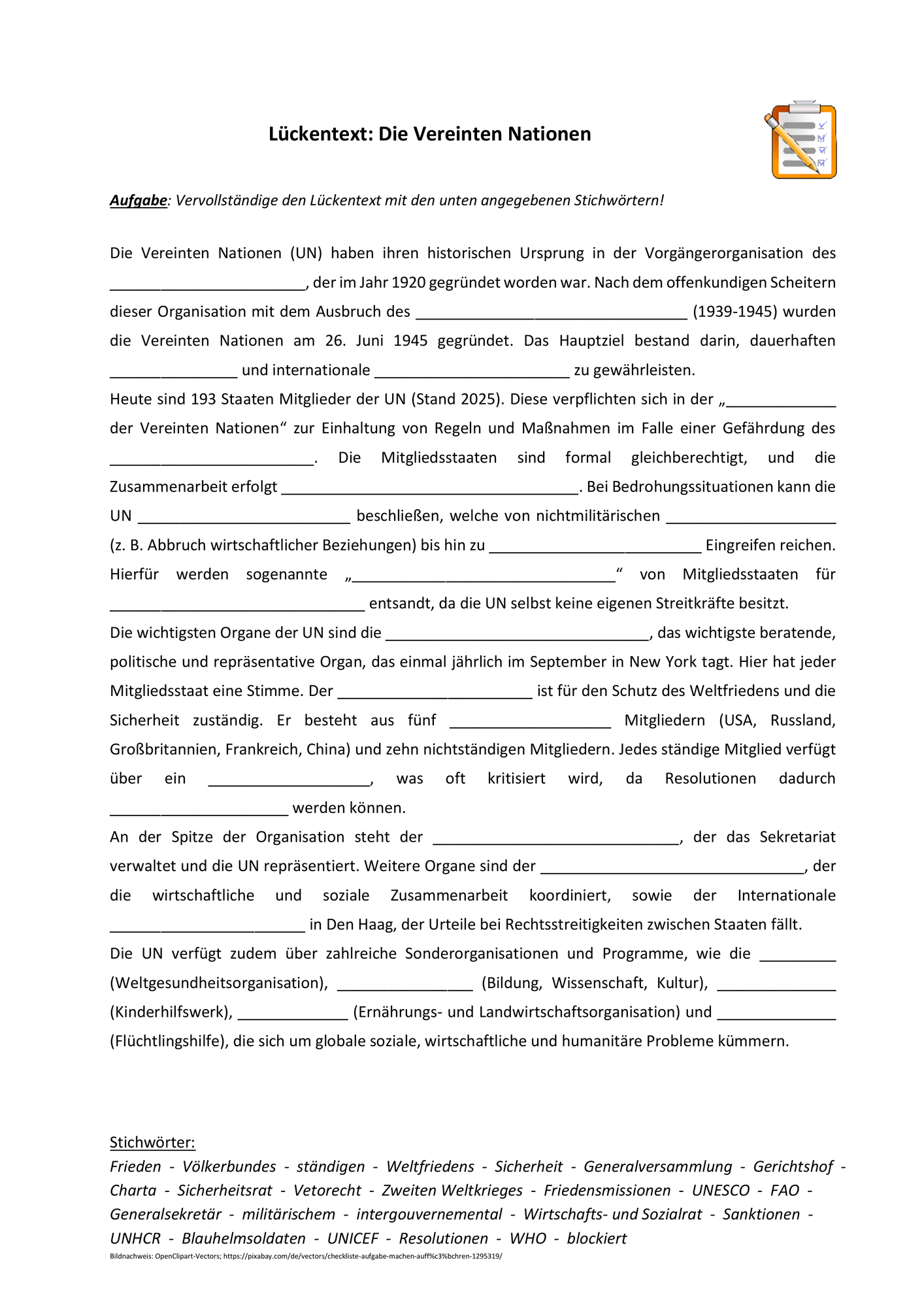 Lückentext: Die Vereinten Nationen (mit Lösung) – Unterrichtsmaterial