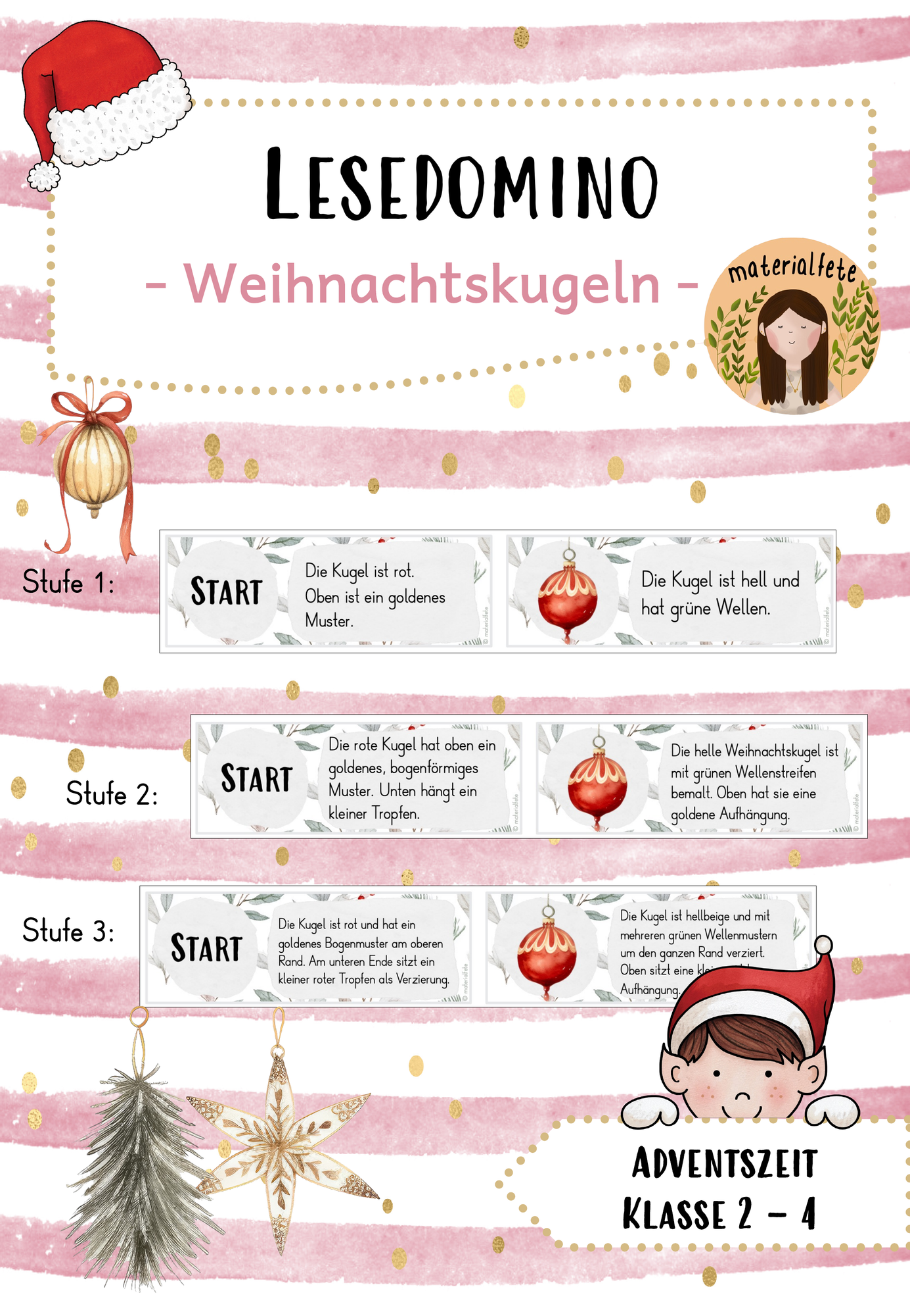 Lesedomino: Weihnachten / Weihnachtskugeln (Klasse 2-4