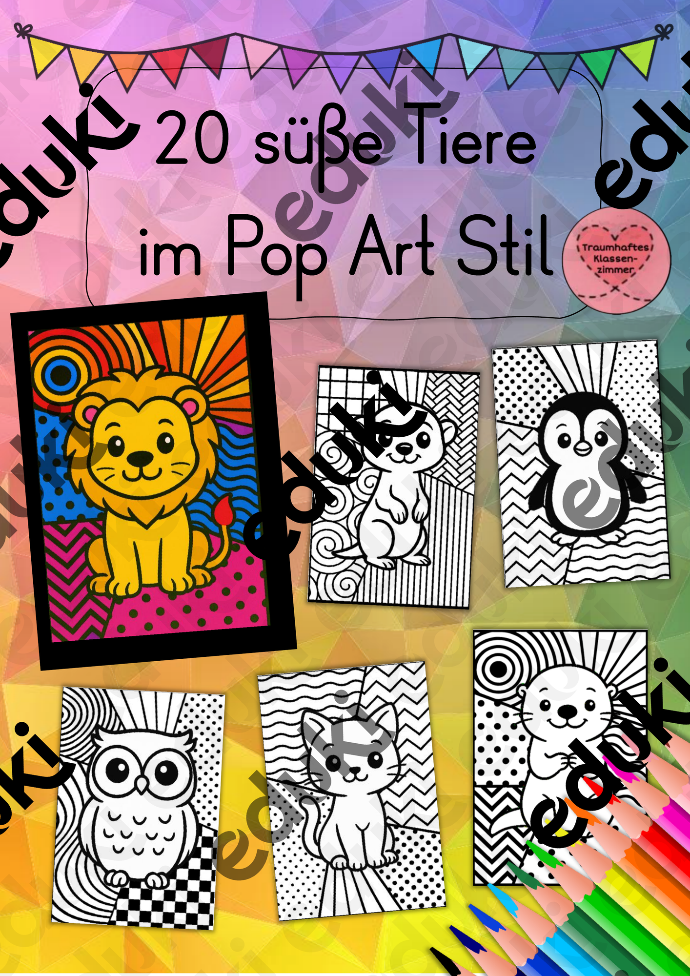 20 süße Tiere im Pop Art Stil - kreative Ausmalbilder