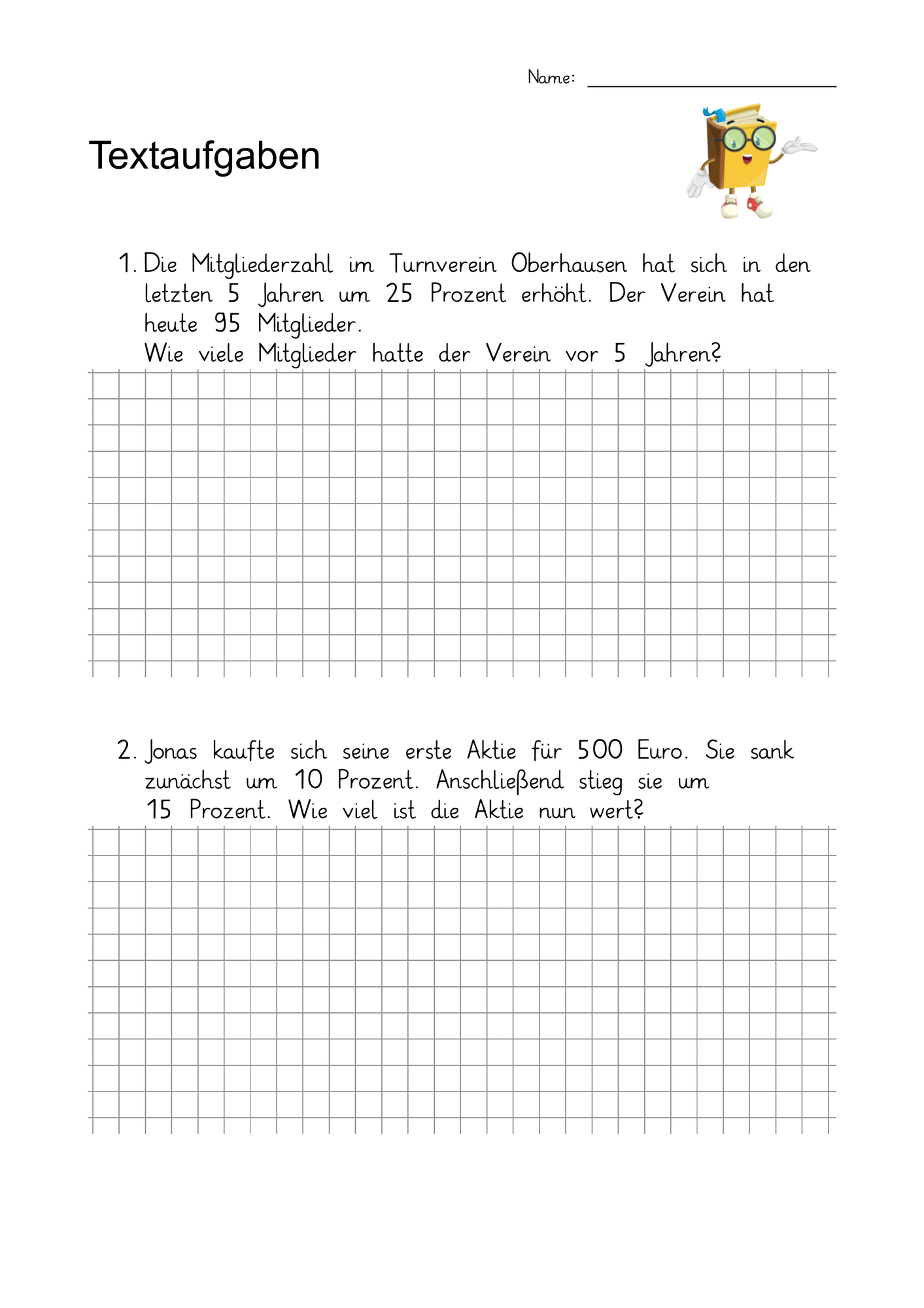 Textaufgaben Klasse 6 / Klasse 7 Prozentrechnung mit Lösungsblatt