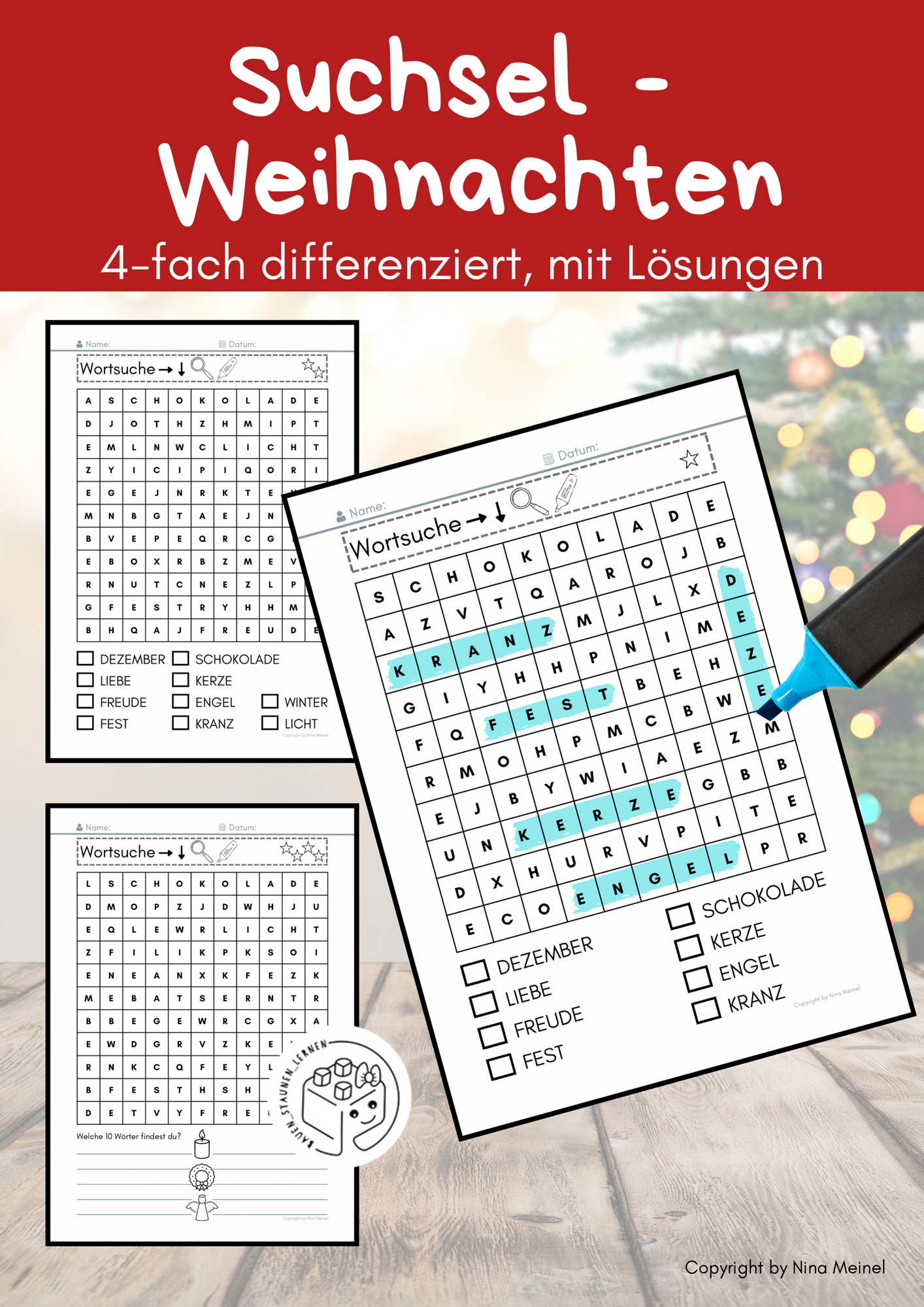 Suchsel Weihnachten, Winter, Wortsuche, differenziert