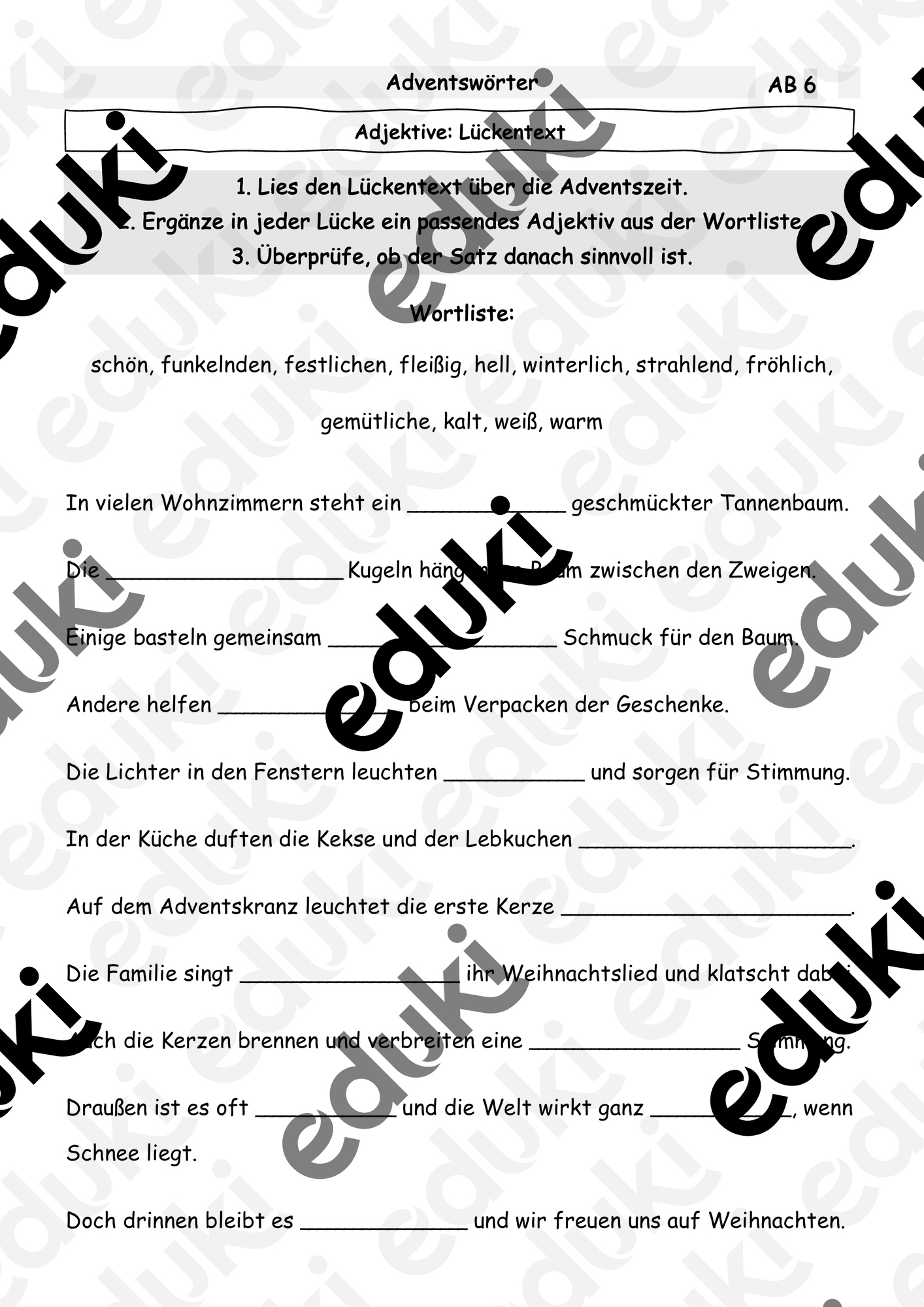 Lückentext Advent - Adjektive – Unterrichtsmaterial im Fach Deutsch