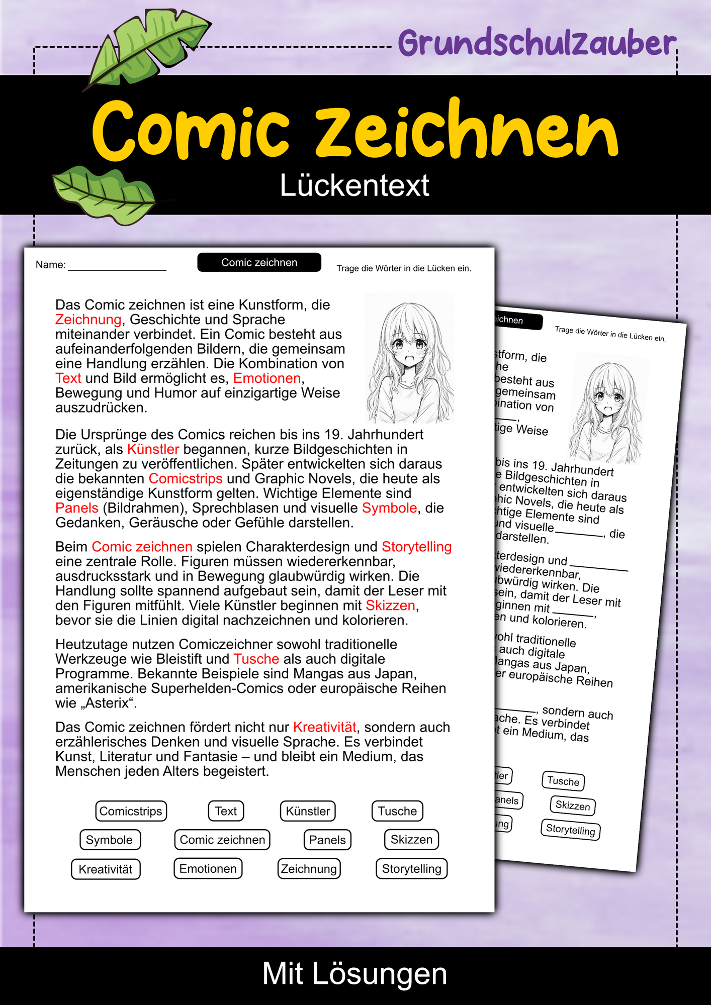 Comic zeichnen – Lückentext | Kunst | Grundlagen & Fachbegriffe