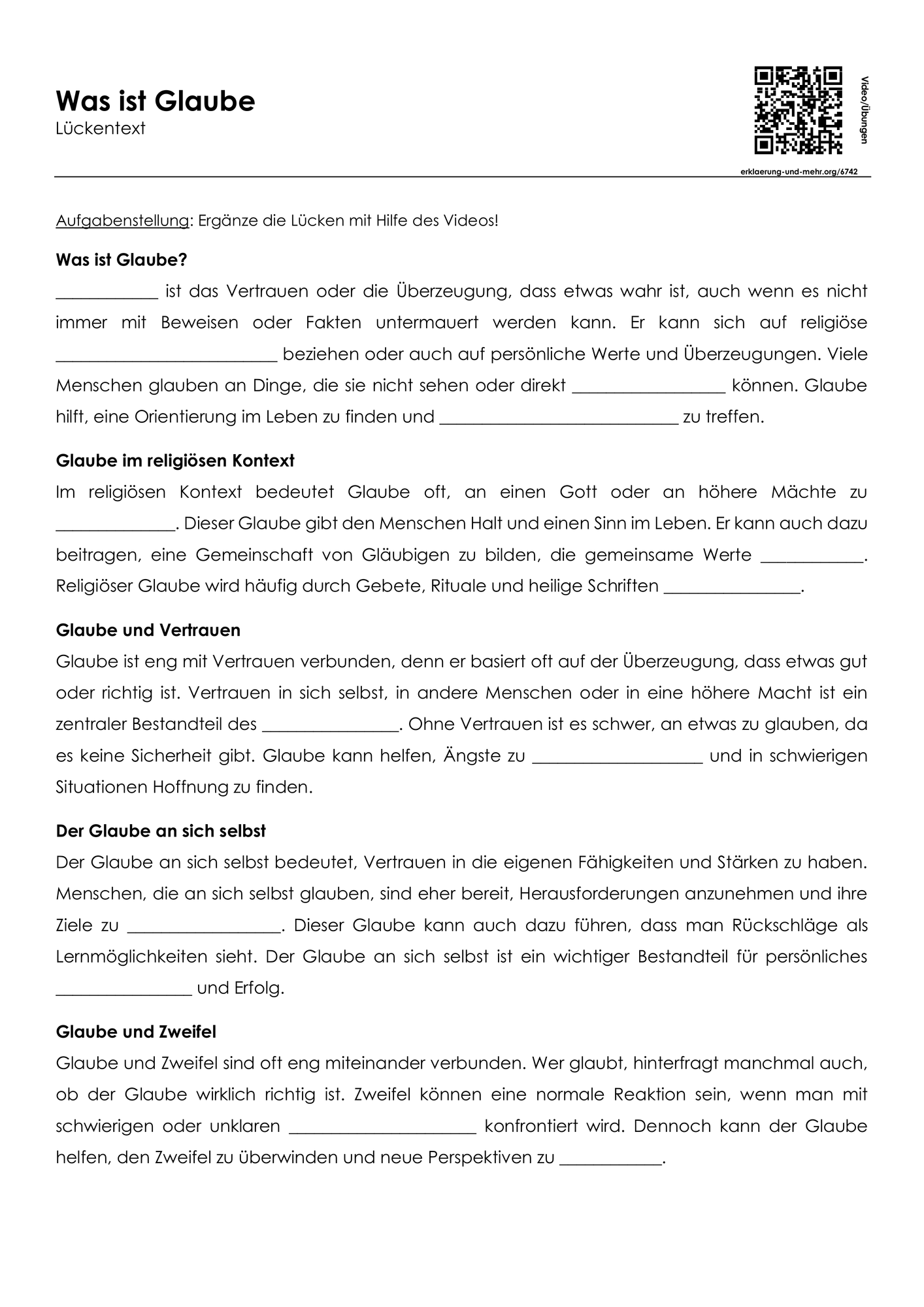 Was ist Glaube (Lückentext und Übungen) – Unterrichtsmaterial im Fach