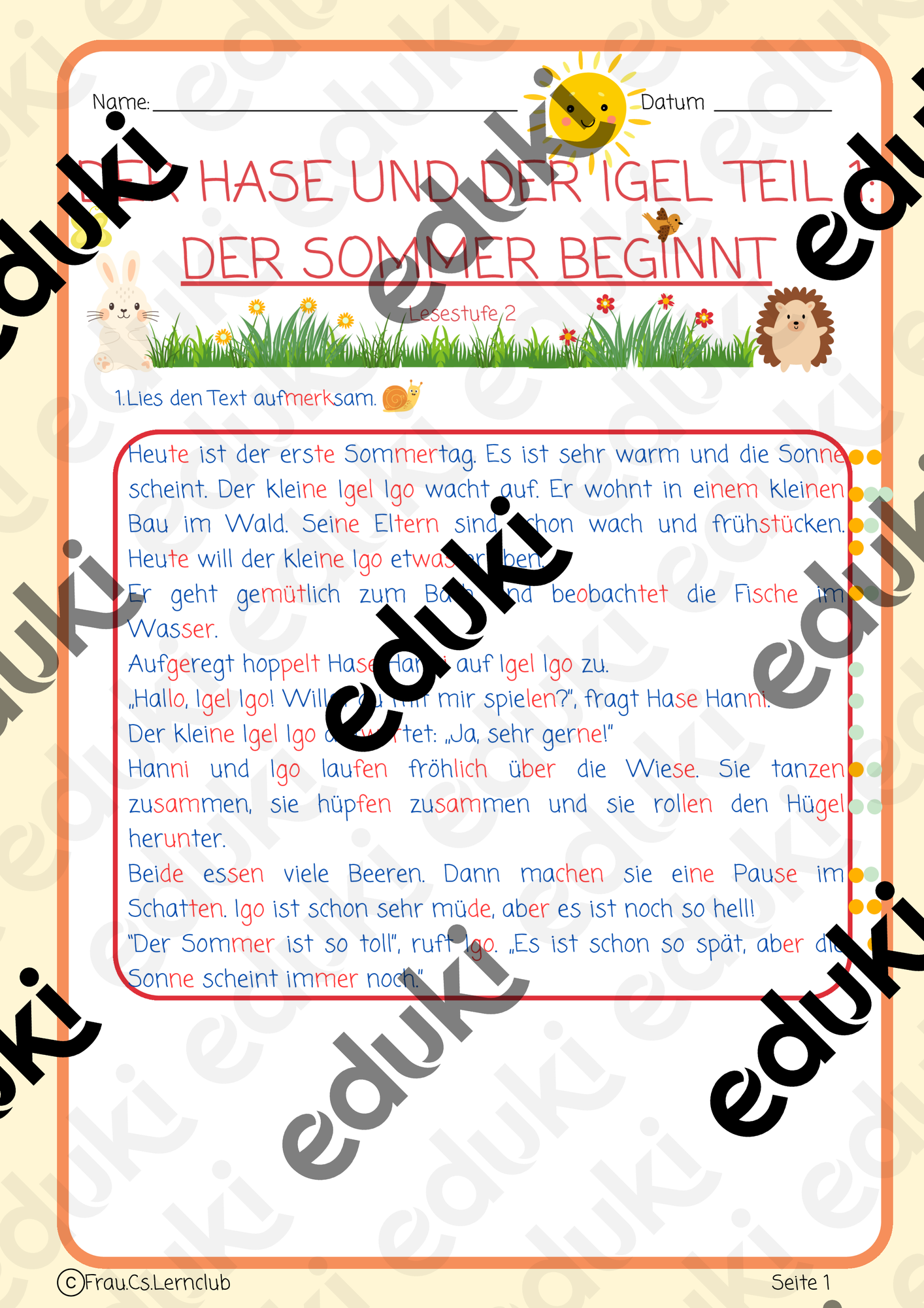 Lesetexte-Sommer- mit Übungen zum Präteritum – Unterrichtsmaterial im