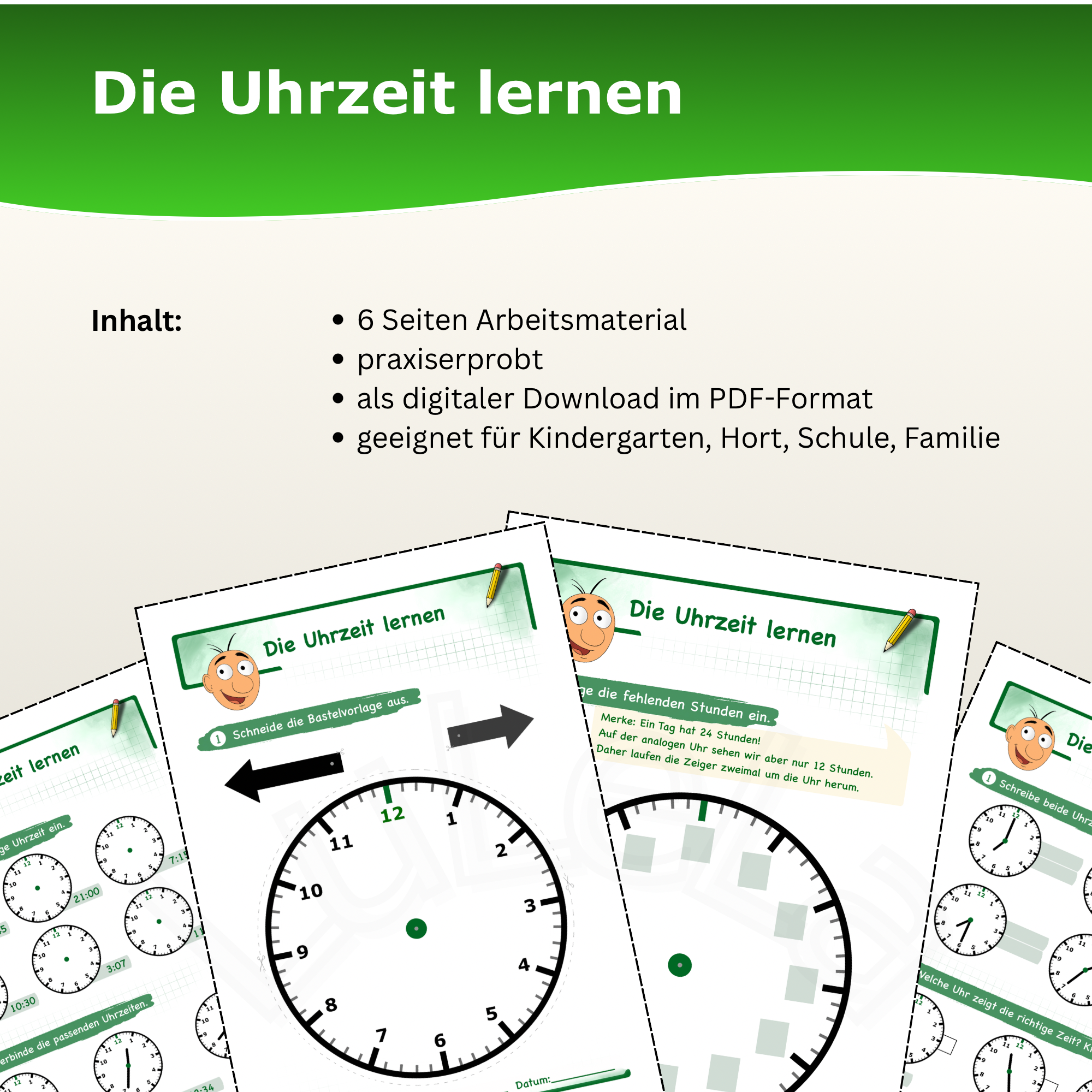 Uhrzeit lernen - Arbeitsmaterial zur analogen Uhr – Unterrichtsmaterial