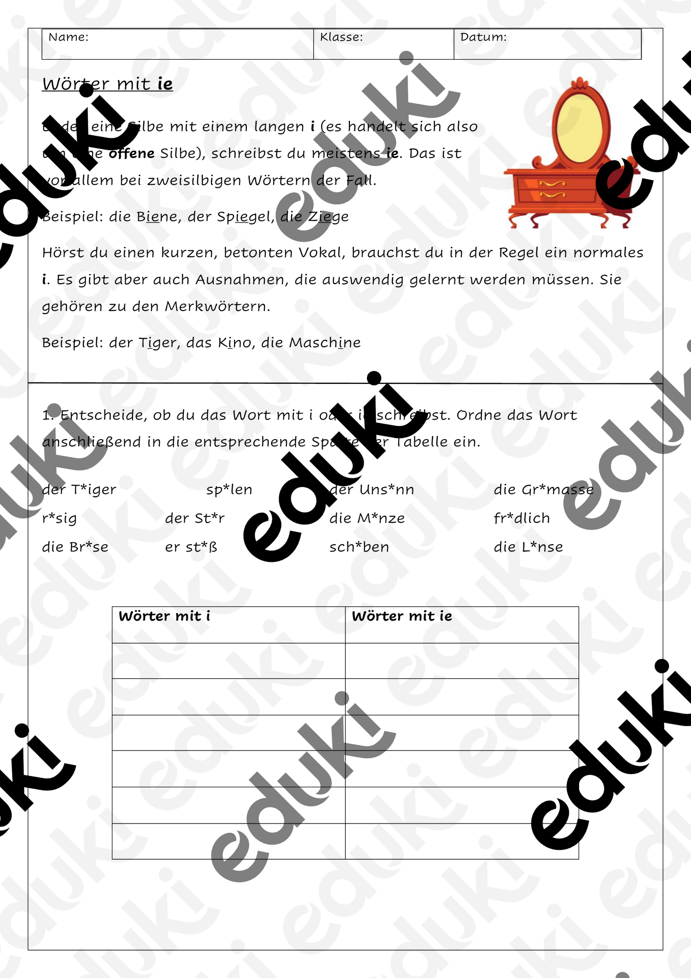 Wörter mit ie - Arbeitsblatt mit Übungen – Unterrichtsmaterial im Fach ...