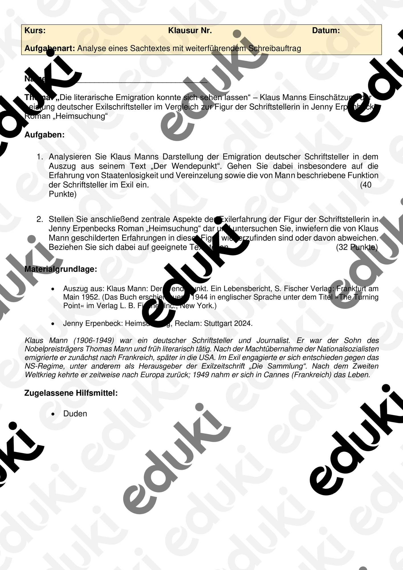 Klausur Sachtextanalyse Erpenbeck Heimsuchung Exil  Unterrichtsmaterial im  Fach Deutsch