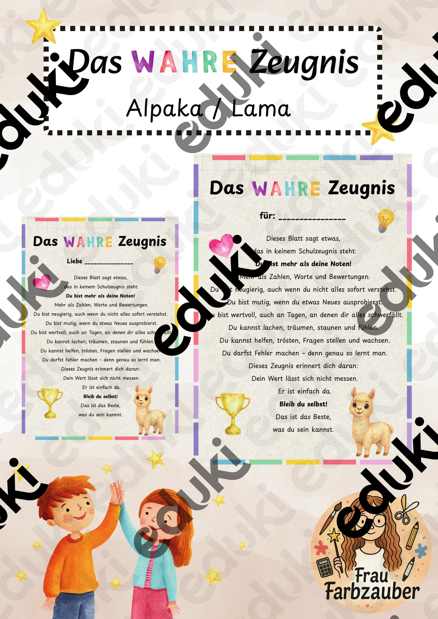 Das wahre Zeugnis Alpaka / Alpakaklasse, Lama / Lamaklasse ...