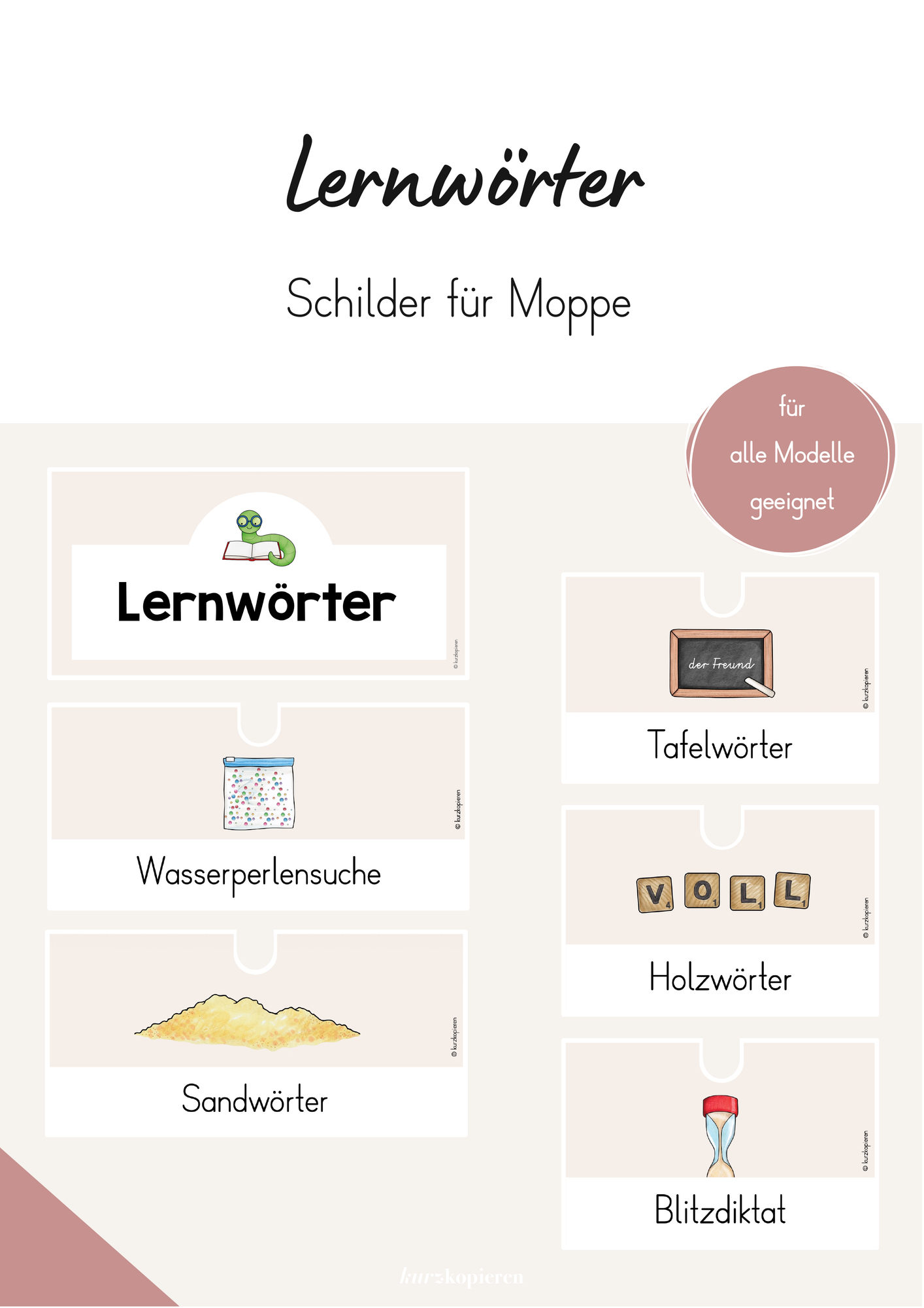 Lernwörter - Schilder für Moppe (platzsparend) – Unterrichtsmaterial im