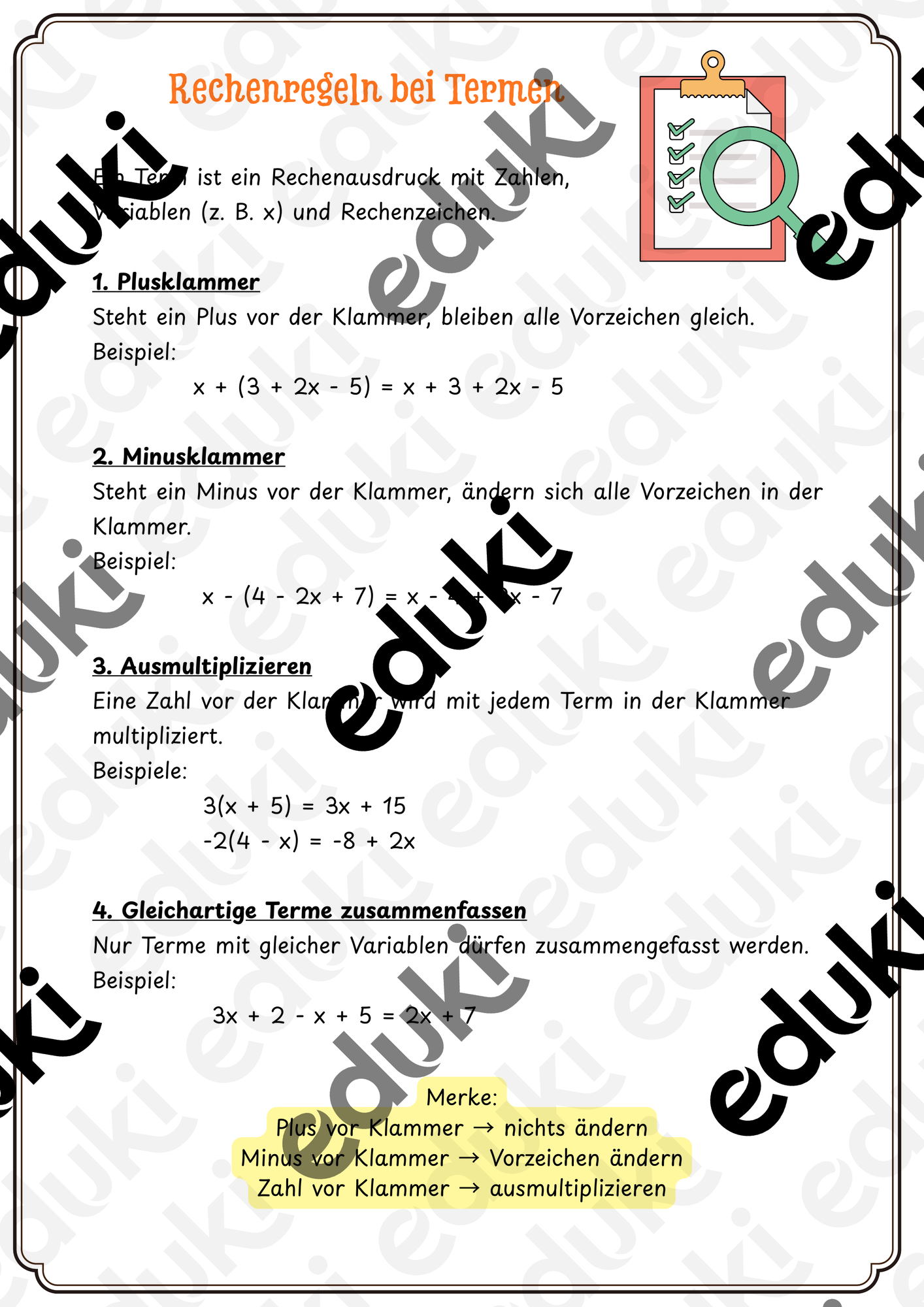 Rechenregeln bei Termen (Klammern, Vereinfachen) – Unterrichtsmaterial ...