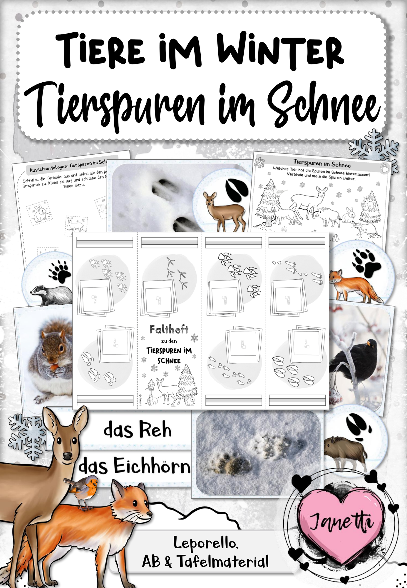 Tiere im Winter: Tierspuren im Schnee (Arbeitsblatt, Faltheft