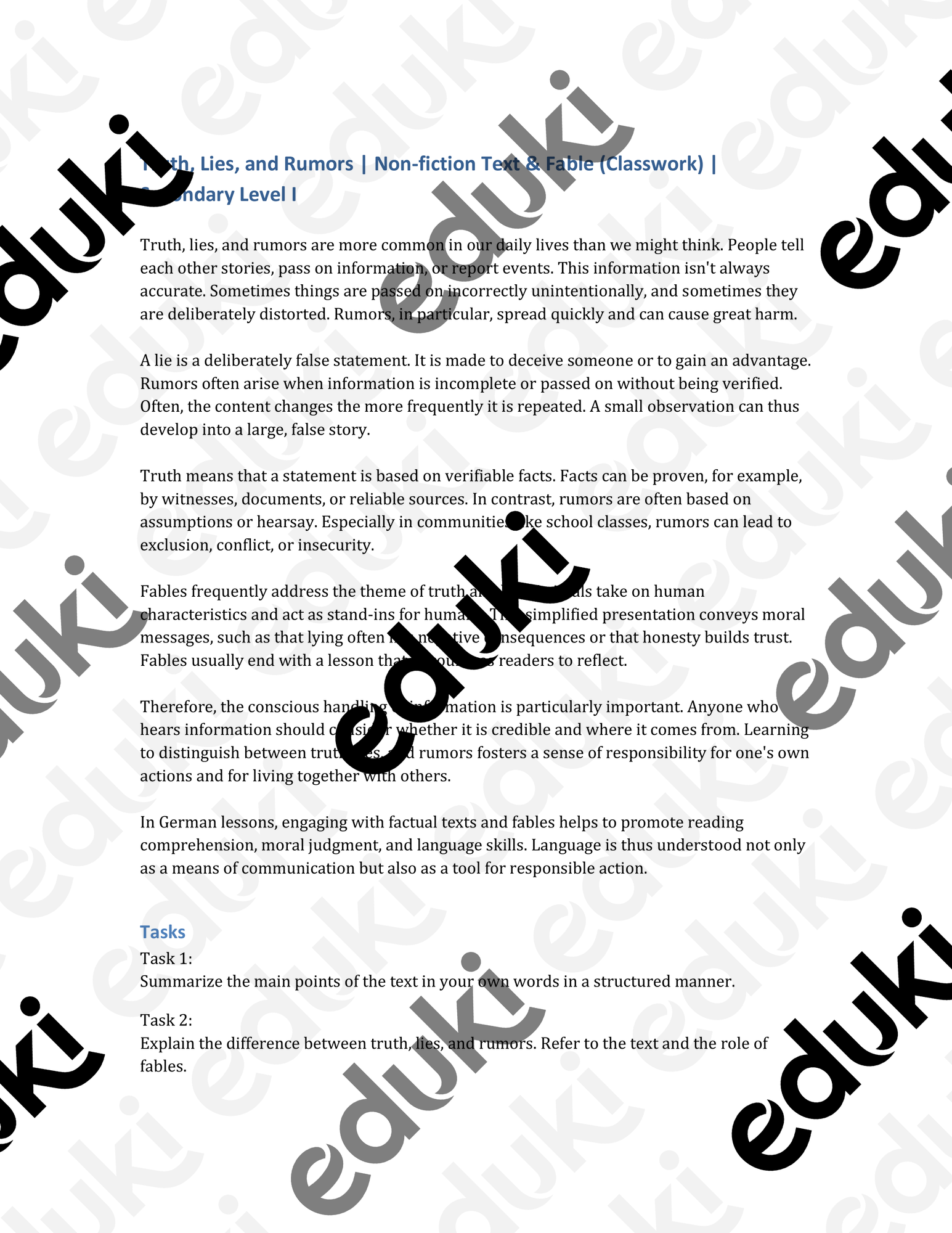 Truth, Lies and Rumors Englisch Klassenarbeit SEK I Reading