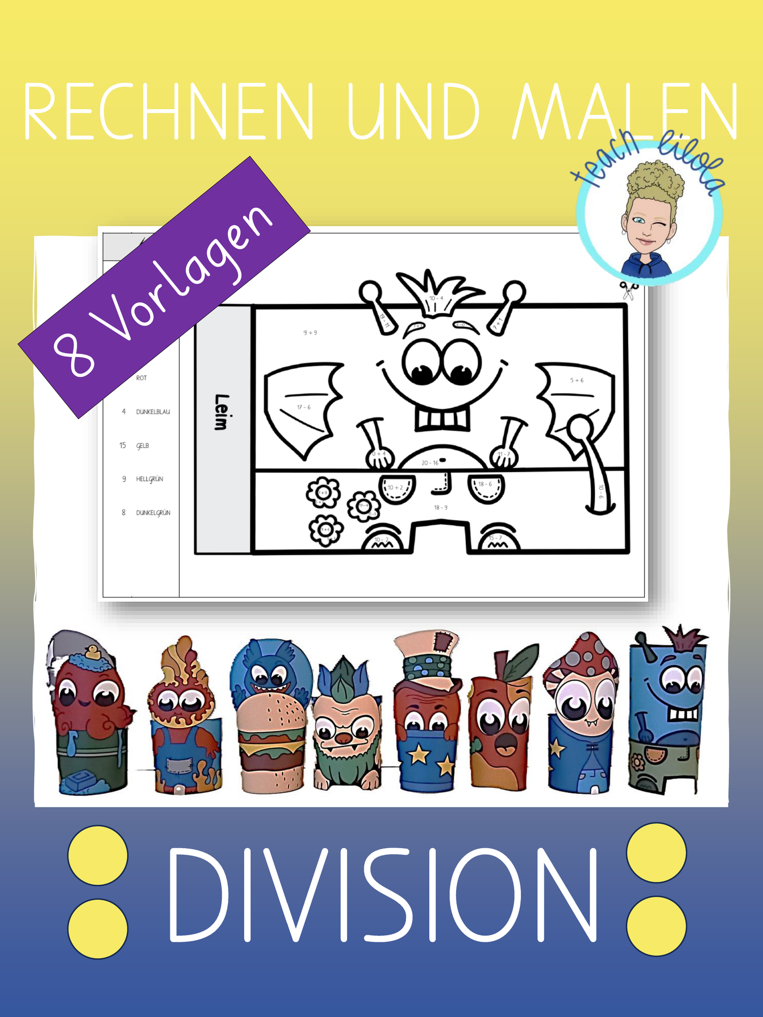Division bis 100 | Rechnen und Malen | 8 Monster-Vorlagen