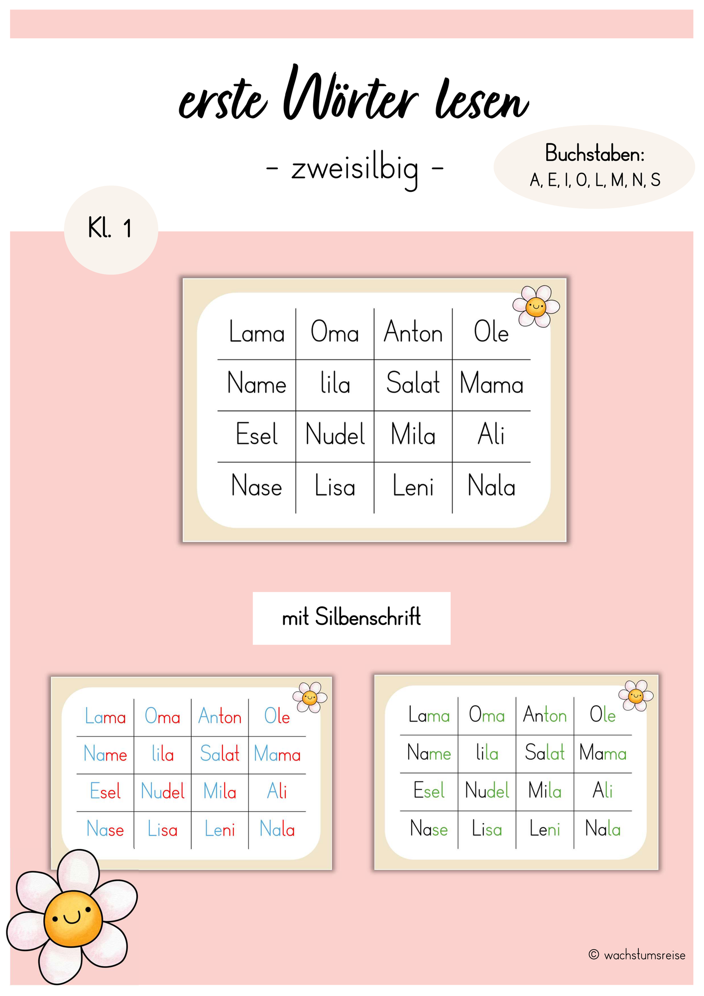 erste Wörter lesen - zwei Silben (Buchstaben AEOILMNS
