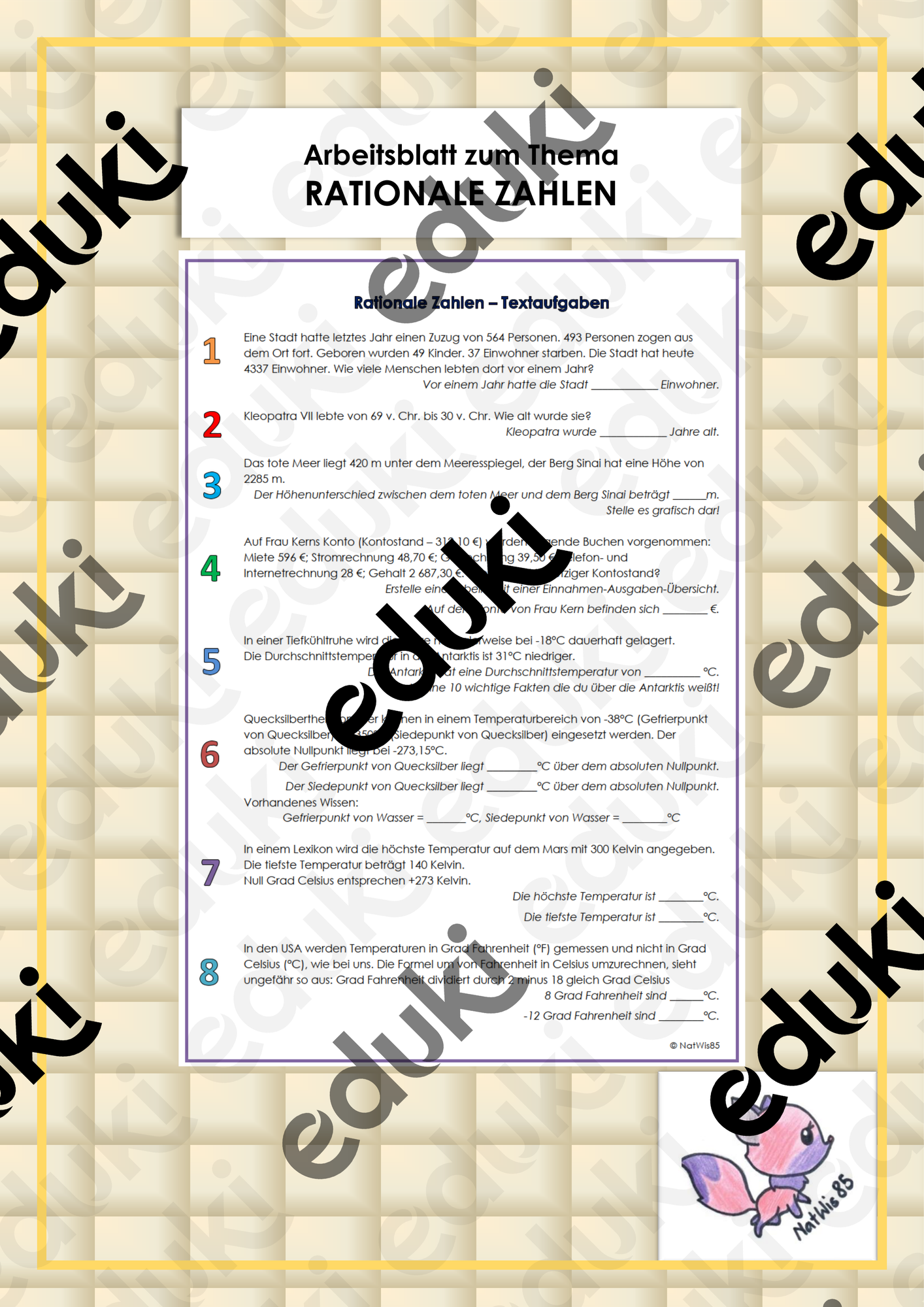 Rationale Zahlen - Textaufgaben – Unterrichtsmaterial im Fach Mathematik