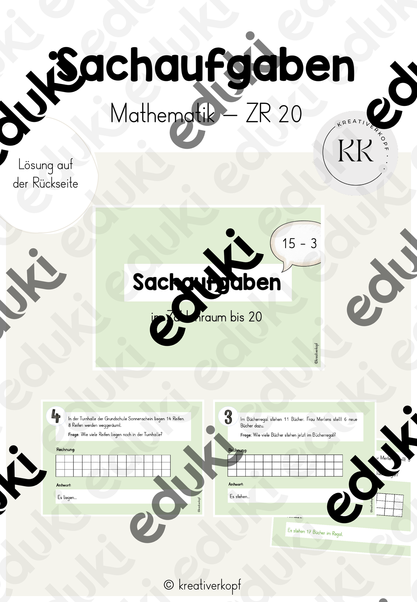 Sachaufgaben - ZR20 - Zahlenraum bis 20 - Freiarbeitskartei
