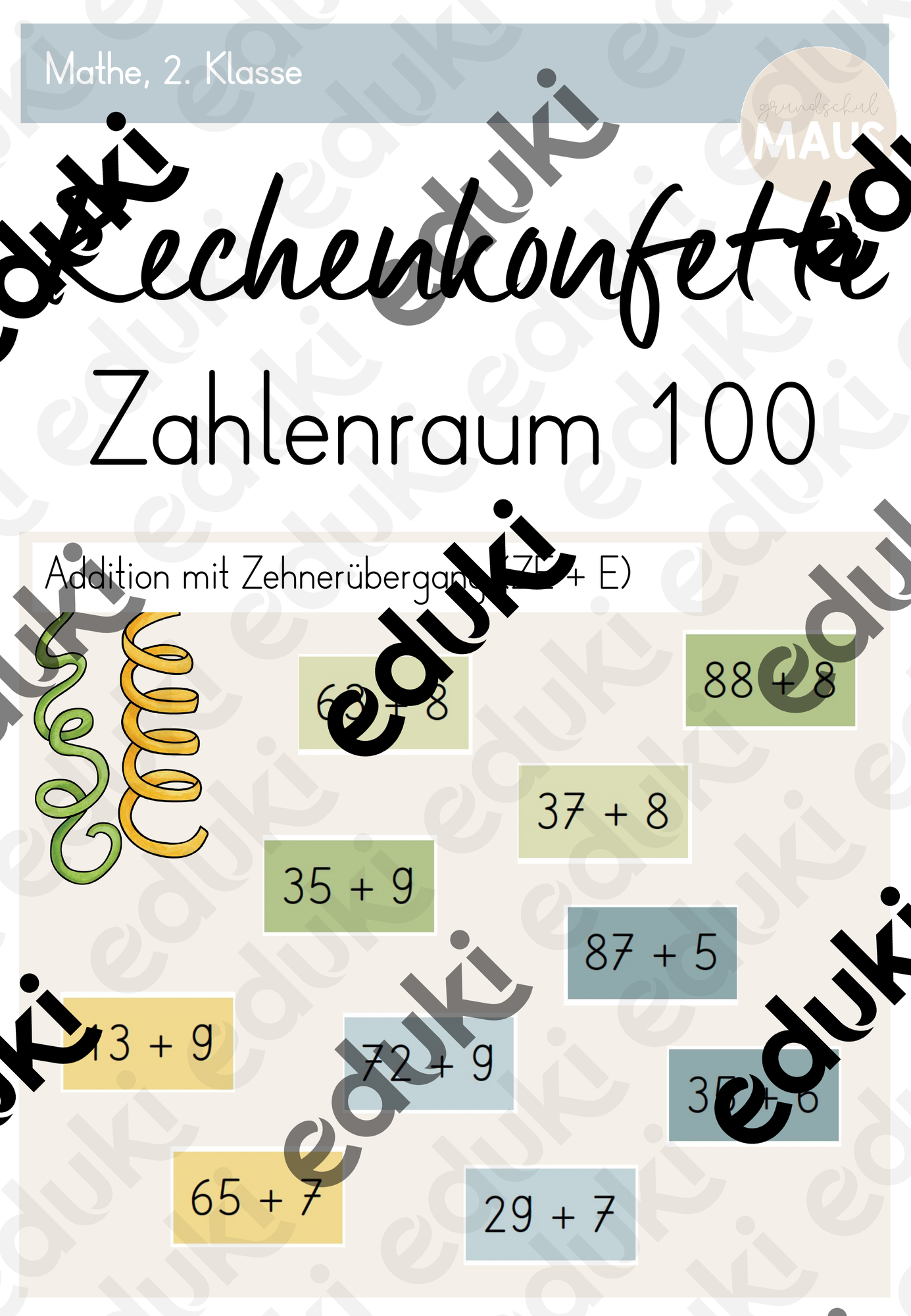 Rechenkonfetti: Addition mit Zehnerübergang ZR 100 (ZE + E