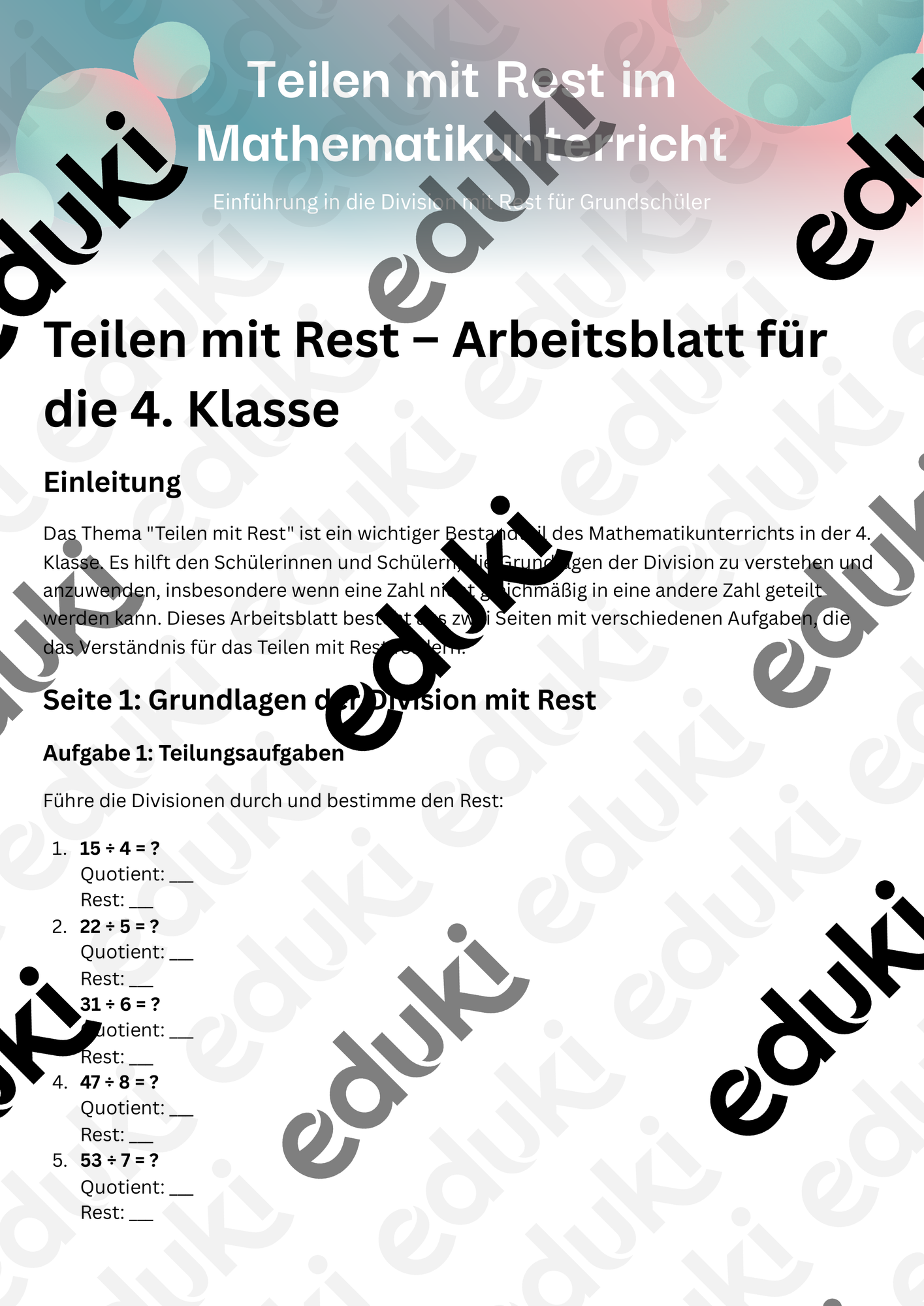 Teilen mit Rest – Division Arbeitsblatt für die 4.Klasse
