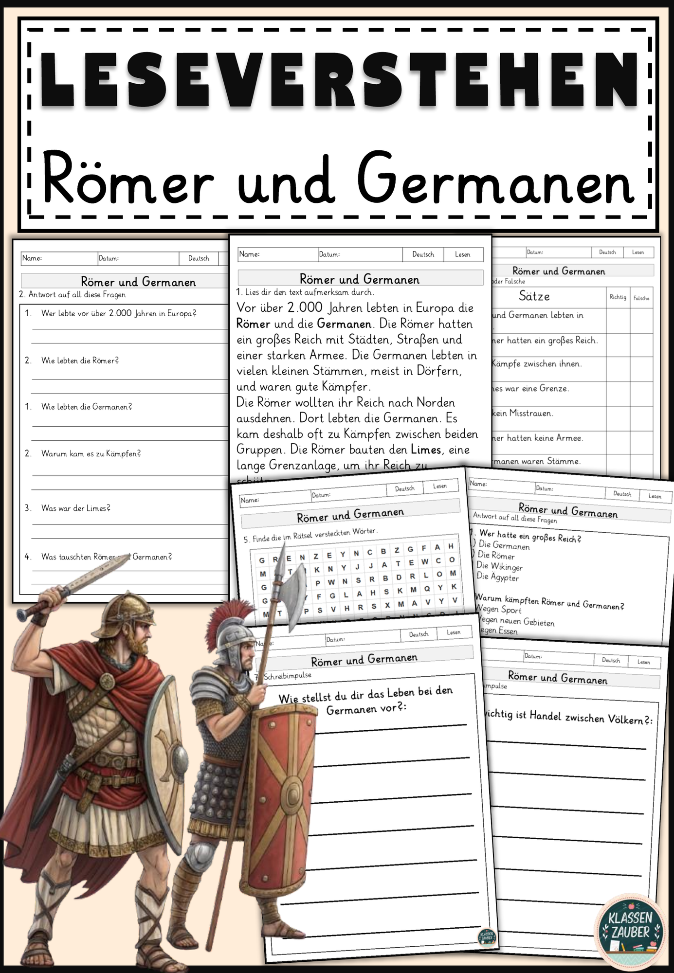 Römer und Germanen Lesen und Verstehen Arbeitsblätter mit Lesetext