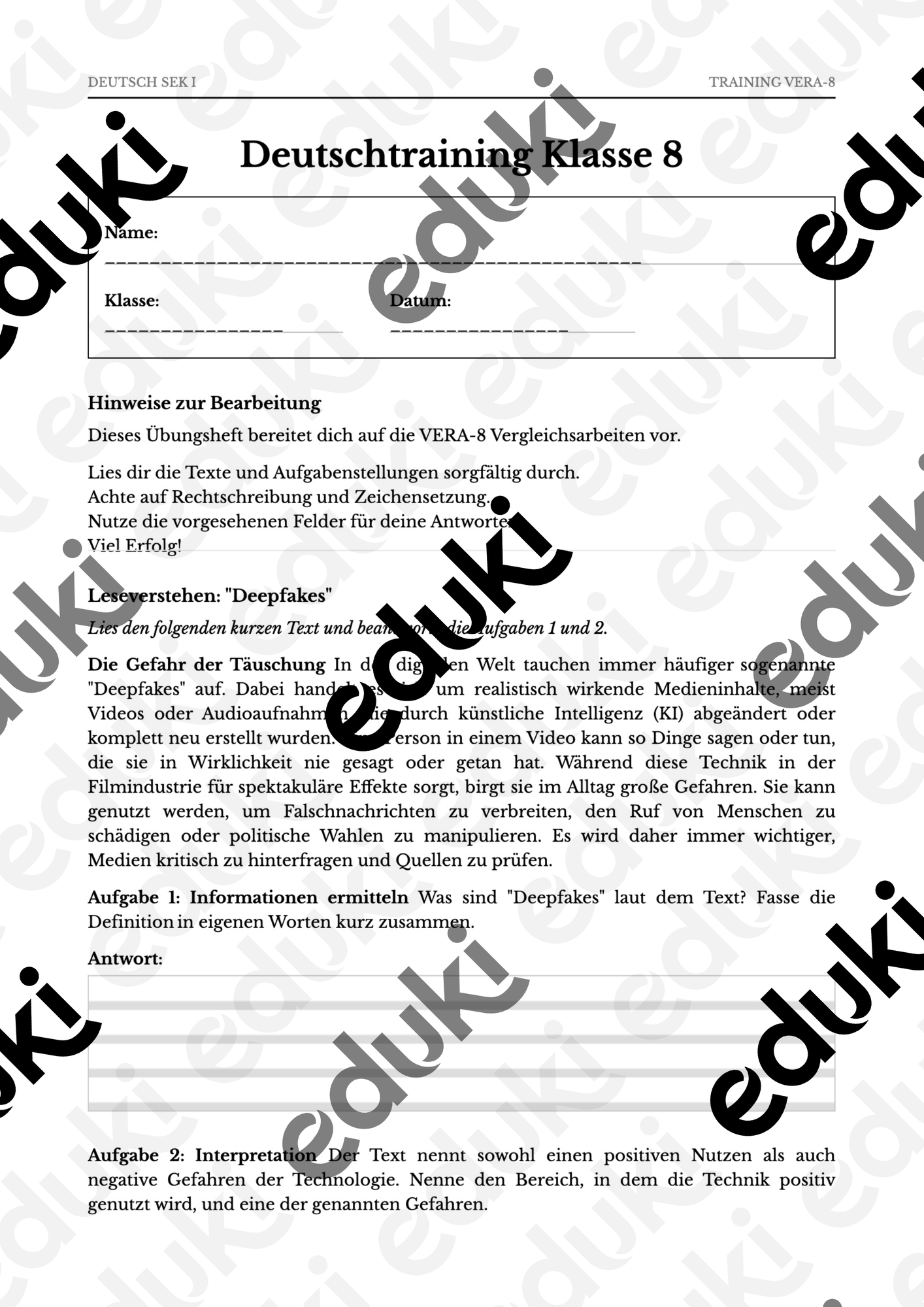 📘 Deutsch Klasse 8 – VERA-8 Training Sek I – Unterrichtsmaterial im