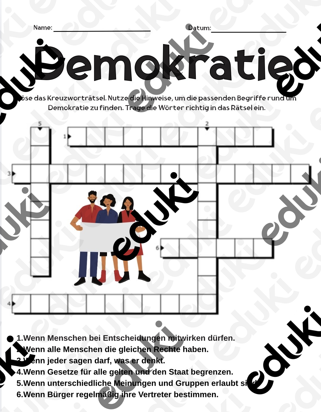 Kreuzworträtsel zur Demokratie – 6 Begriffe mit Lösung –  Unterrichtsmaterial im Fach Politik/Sozialkunde