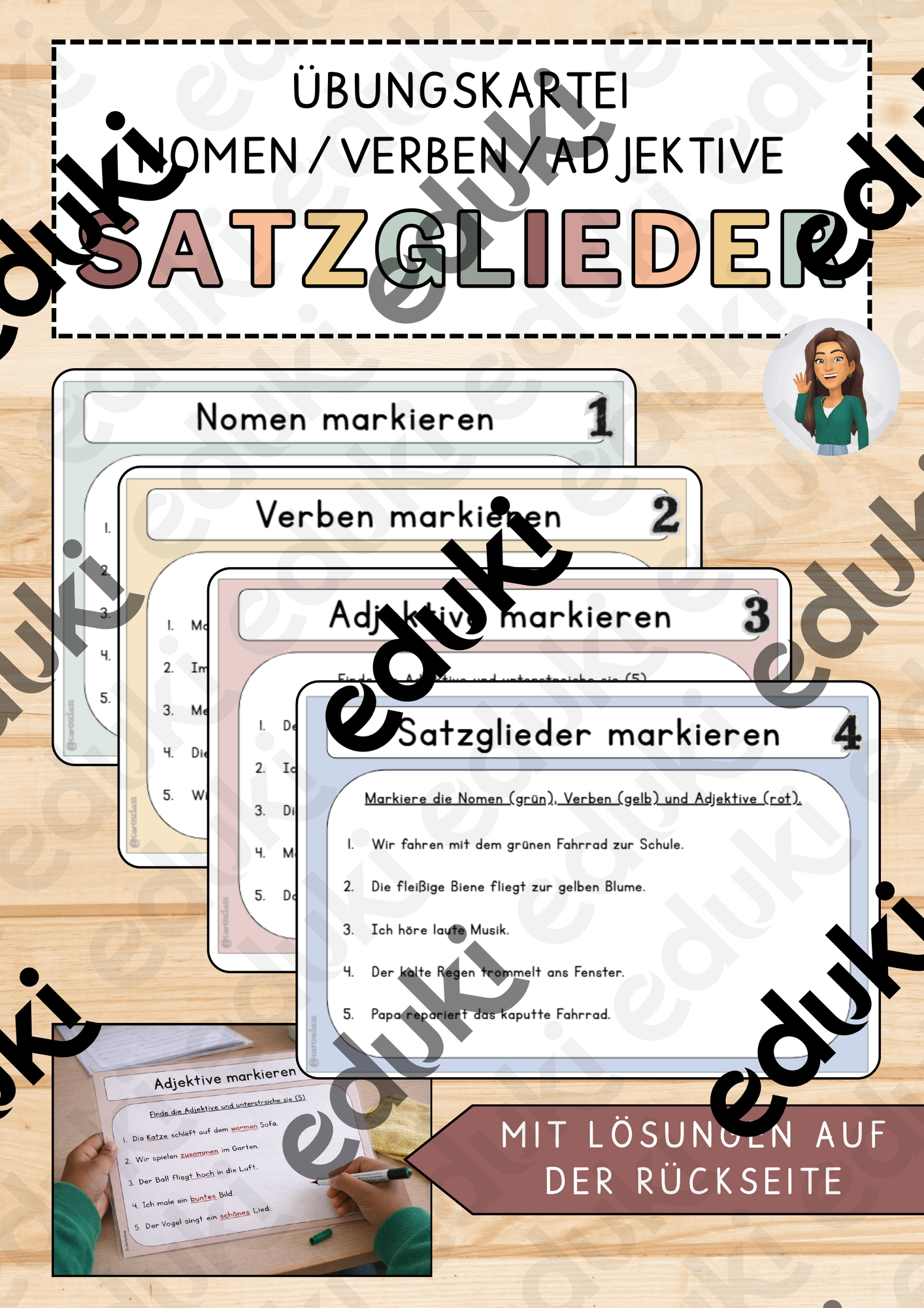 Übungskartei Satzglieder bestimmen - Nomen / Verben / Adjektive