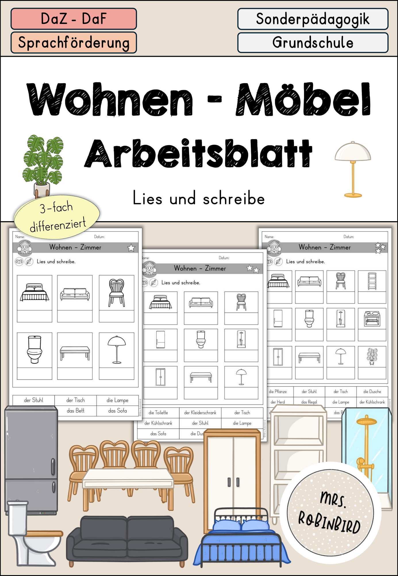Wohnen im Haus - Möbel Arbeitsblatt - DaZ DaF Sprachförderung