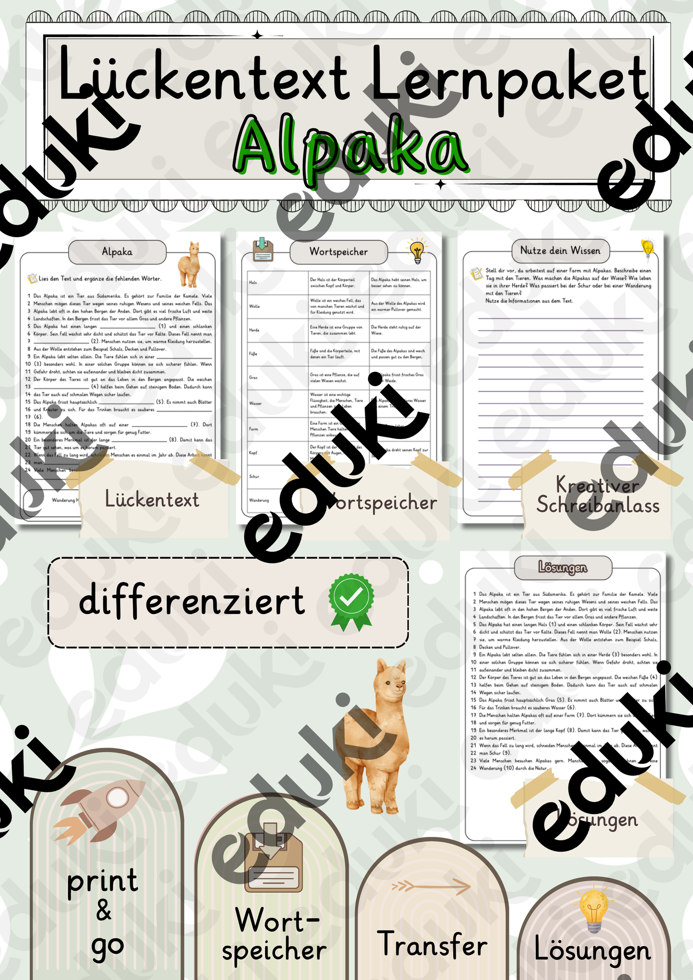 Alpaka Lückentext mit Wortspeicher und Transferaufgabe + Lösungen ...