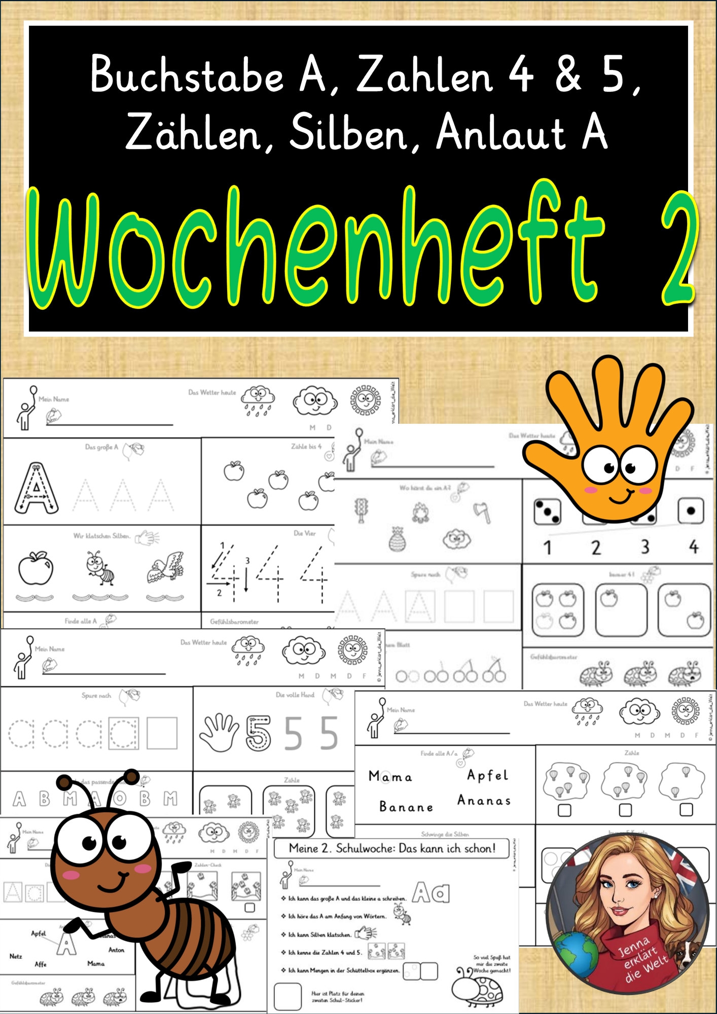 Wochenheft 2 / 5 Arbeitsblätter - Buchstabe A, Zahlenraum 5, Zählen