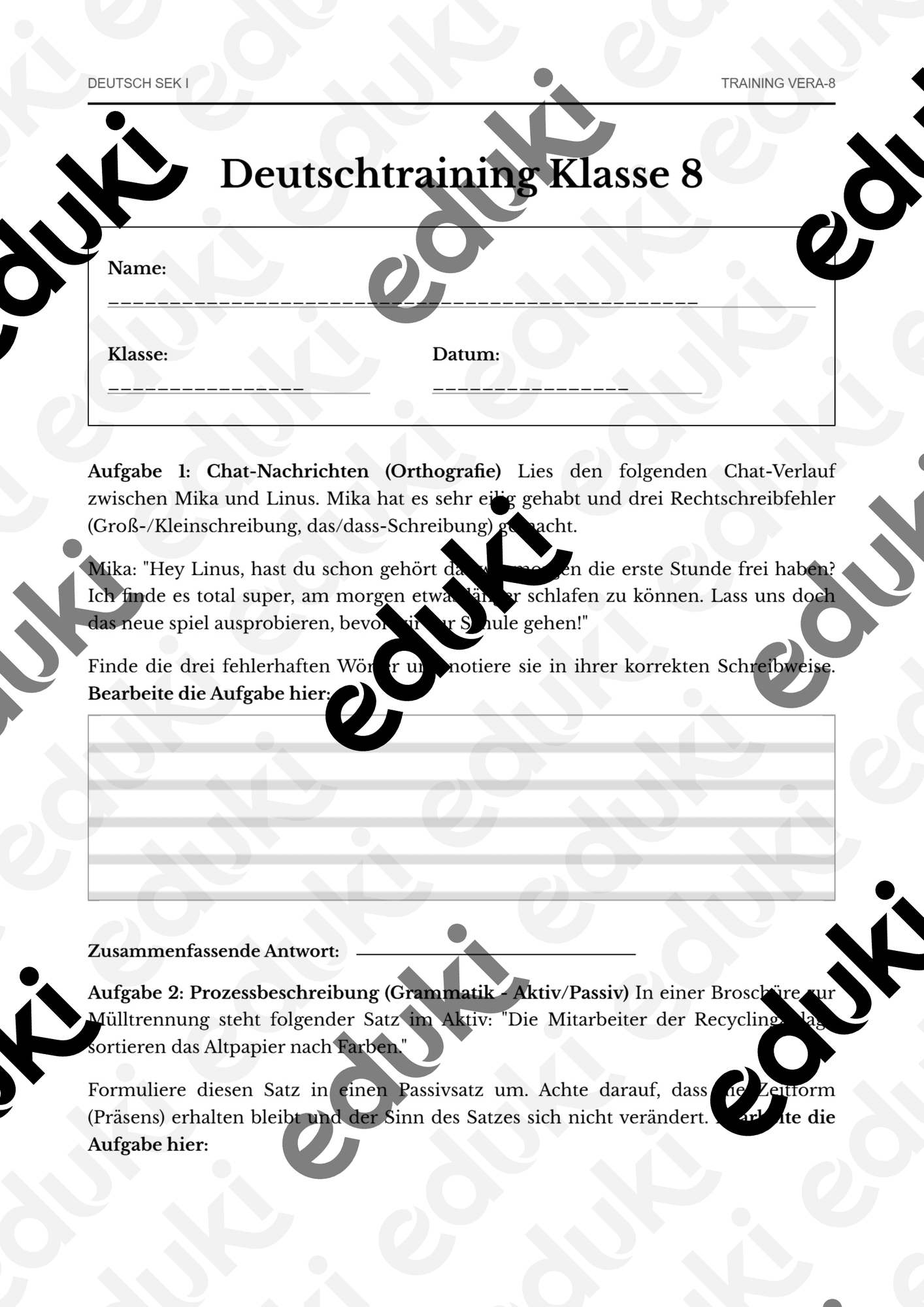 Deutsch Klasse 8 – VERA-8 Kompetenztraining – Unterrichtsmaterial im