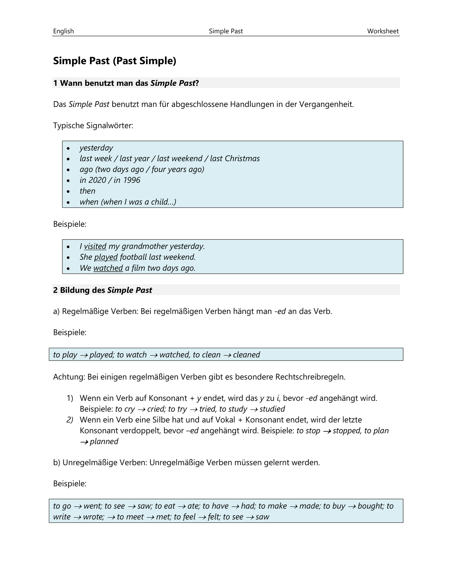 Simple Past (English) – Erklärung und Übungen – Unterrichtsmaterial im