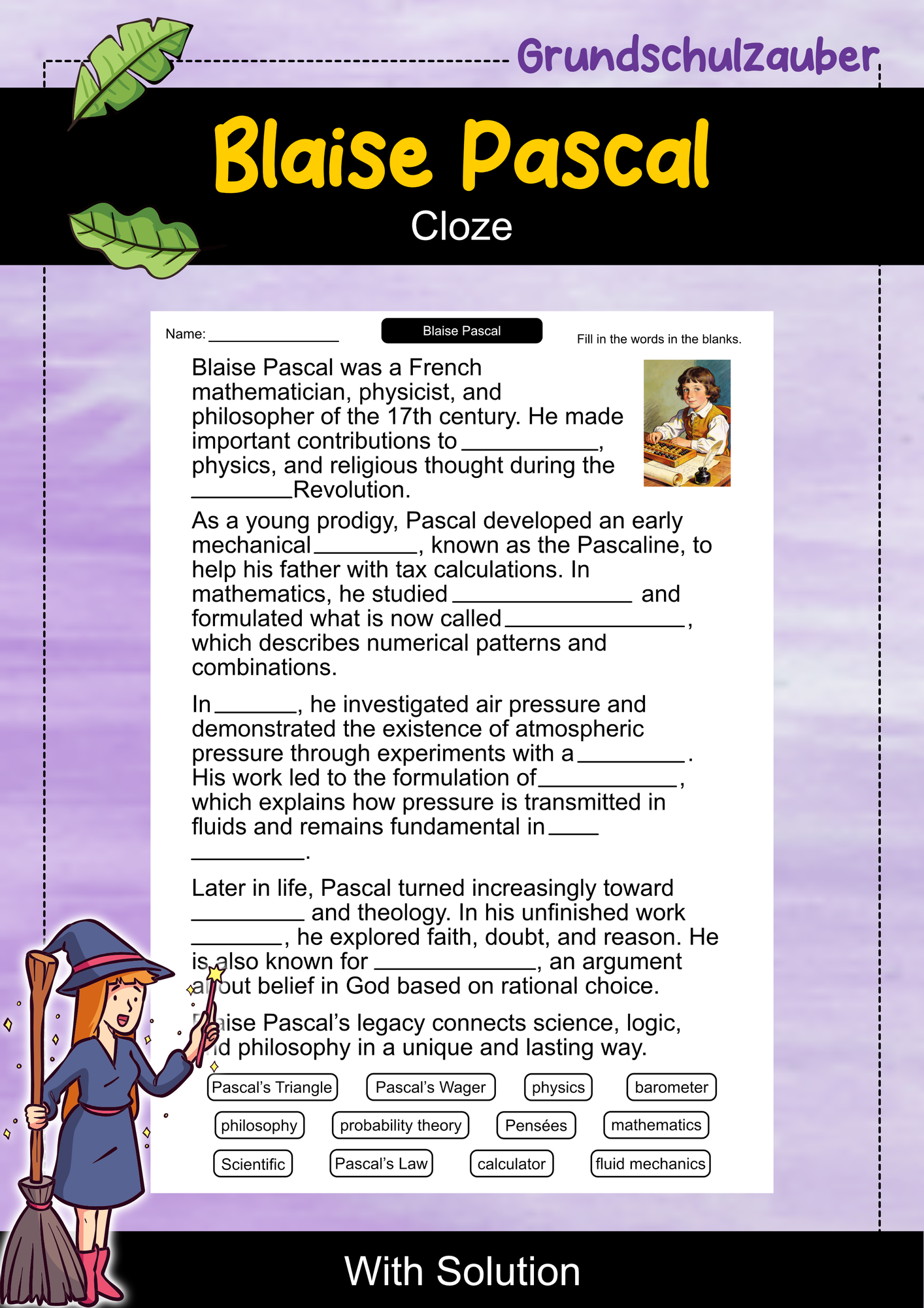 Blaise Pascal | Cloze Worksheet | English | History & Science ...