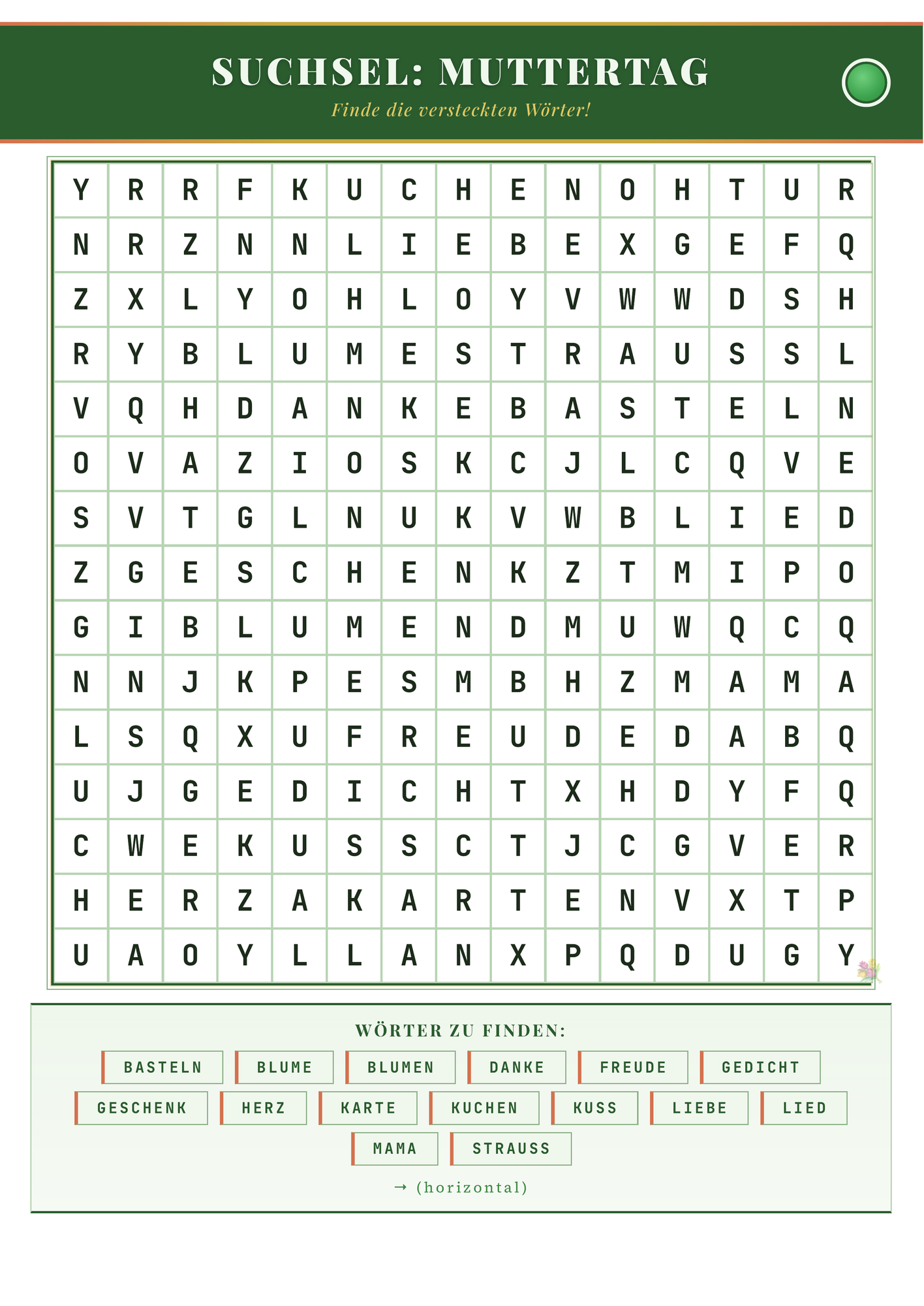 Suchsel: Muttertag – Buchstabenrätsel | Grundschule Klasse 1–4