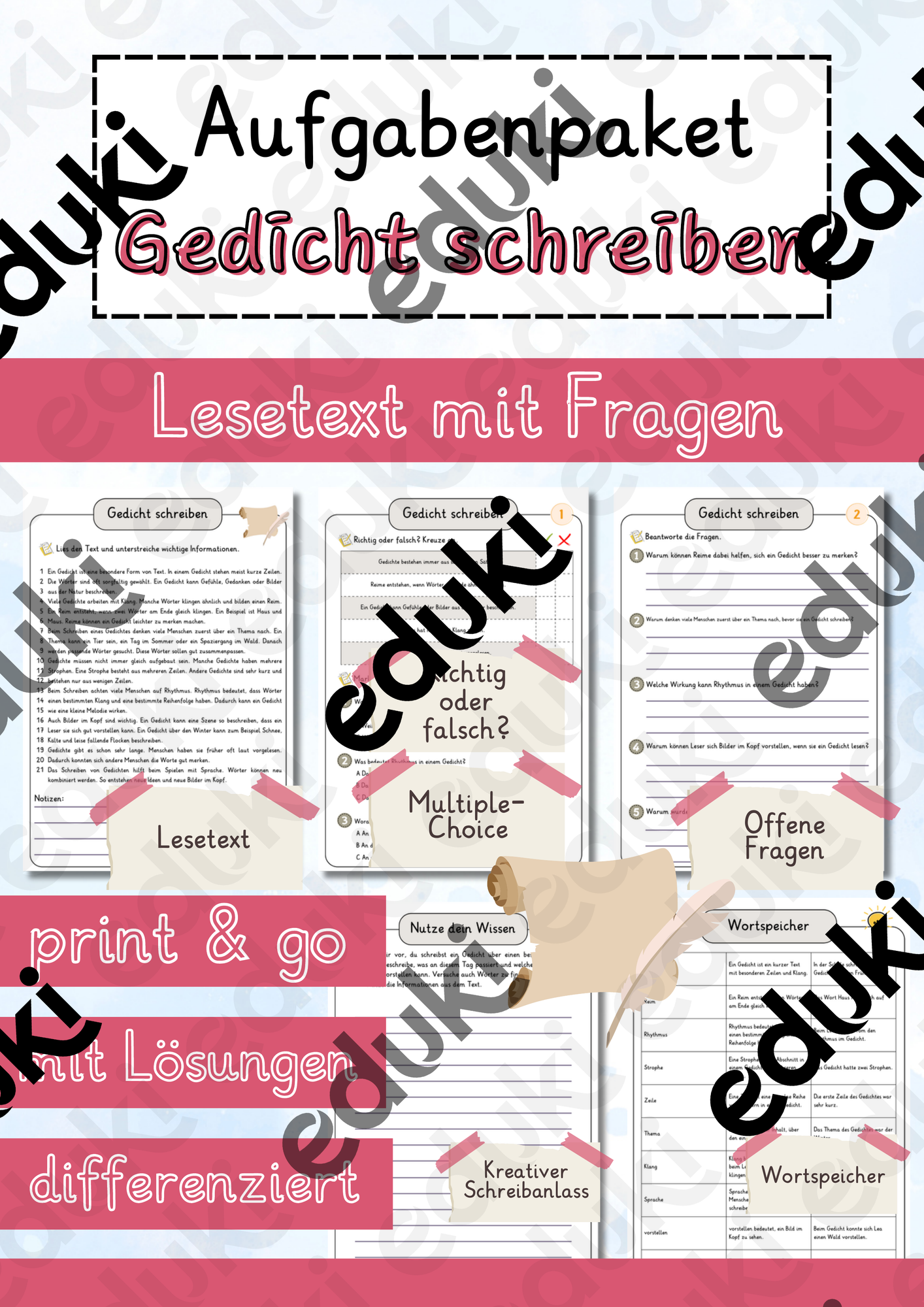 Gedicht schreiben Lesetext einfach verständlich mit Aufgaben + Lösungen