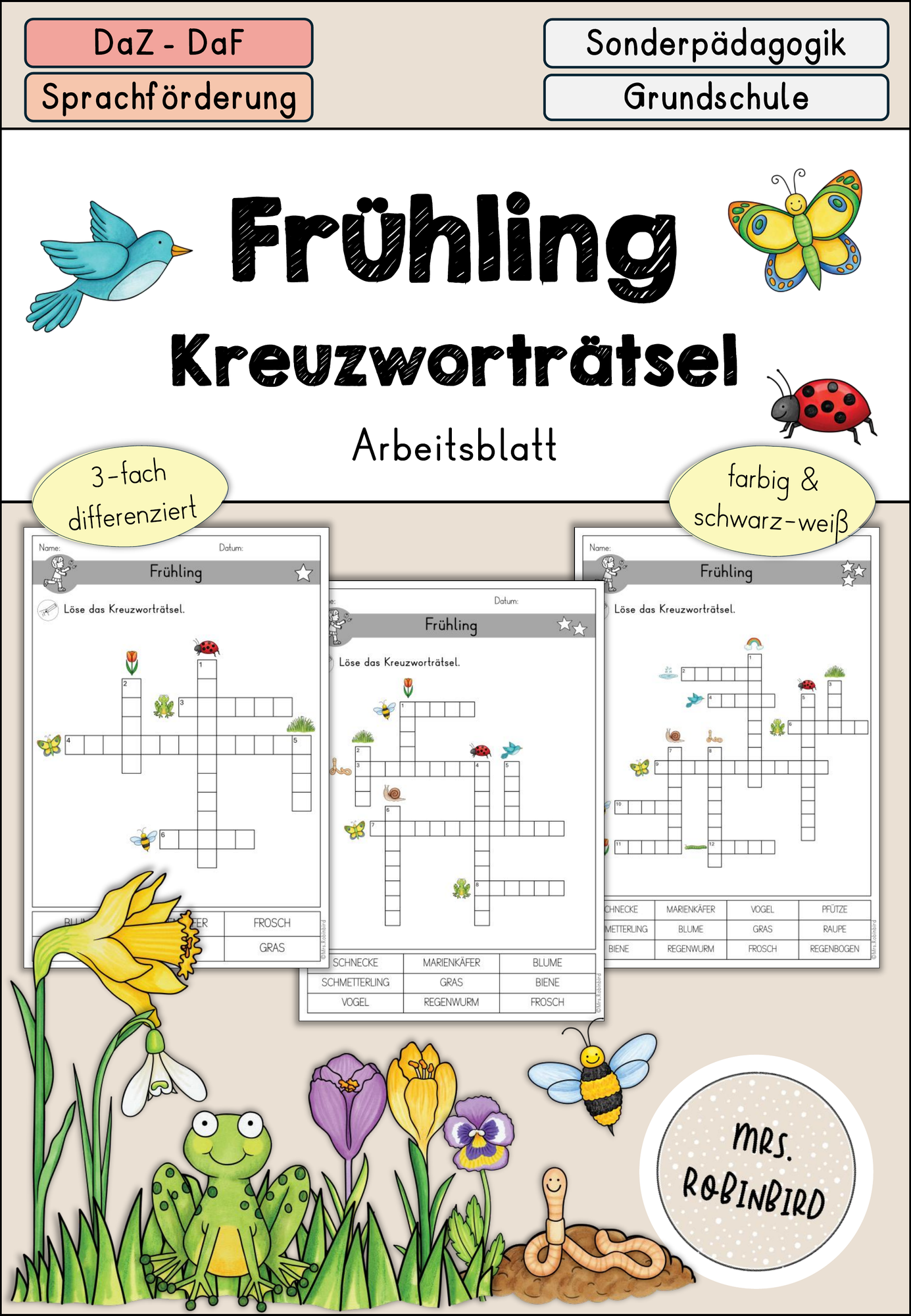 Frühling Arbeitsblatt Kreuzworträtsel differenziert - DaZ DaF