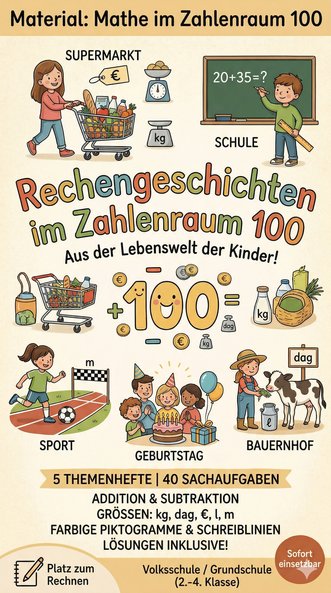 Geschichten zum Rechnen--Zahlenraum 100 – Addition Subtraktion kg dag