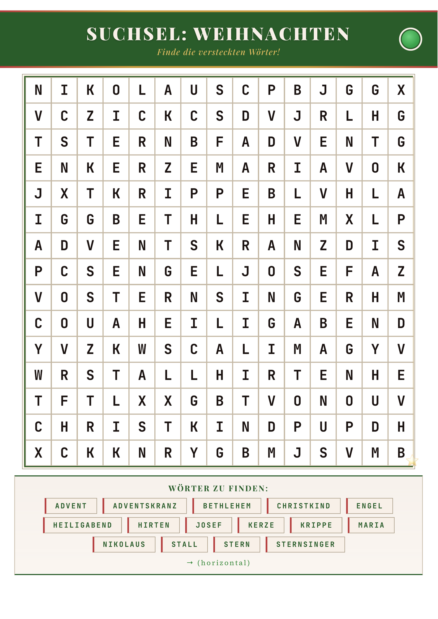 Suchsel: Weihnachten – Suchsel Worträtsel – Grundschule