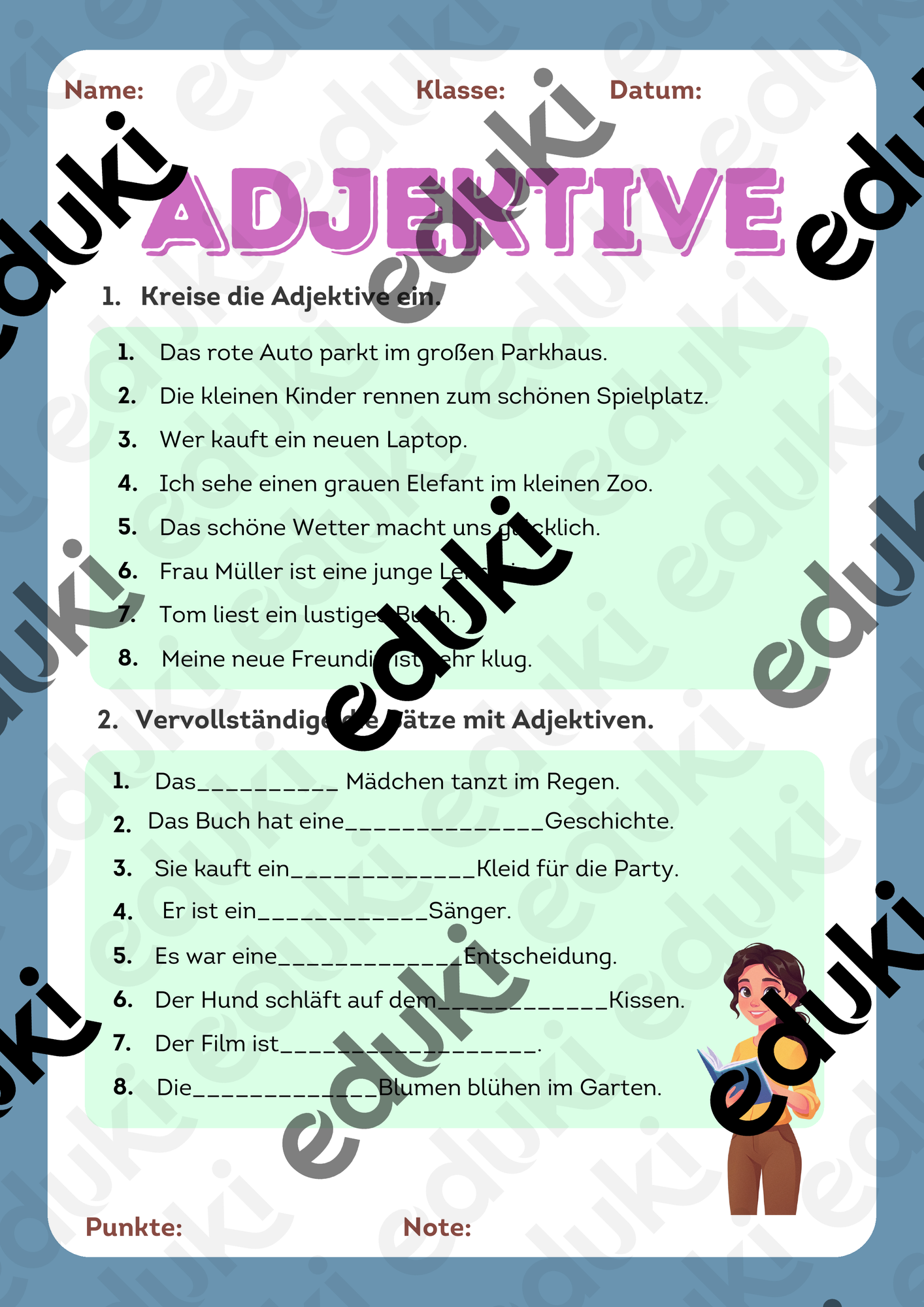 Test oder Arbeitsblatt für Adjektive – Unterrichtsmaterial im Fach Deutsch