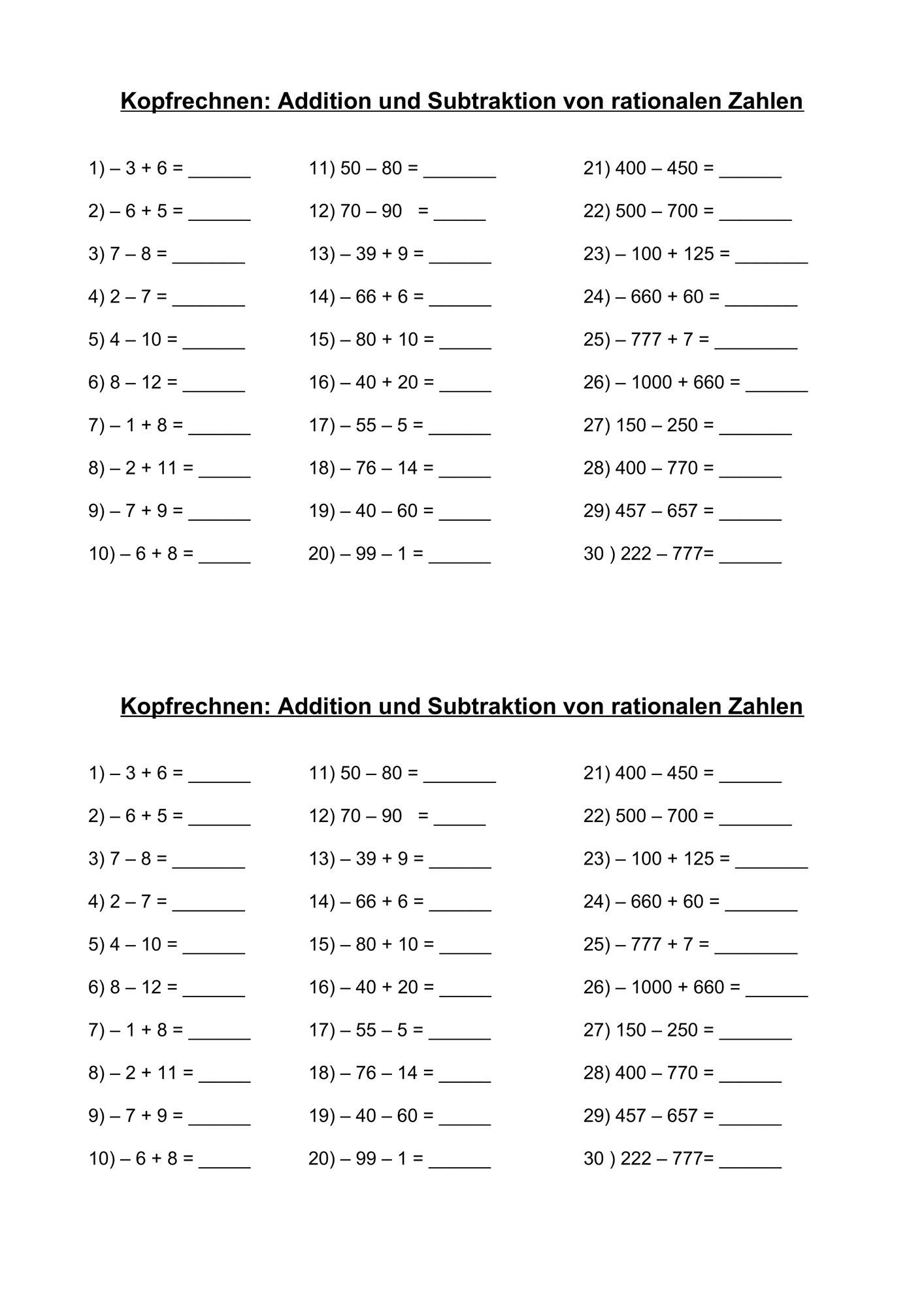 Kopfrechnen Addition und Subtraktion rationale Zahlen 7. Klasse