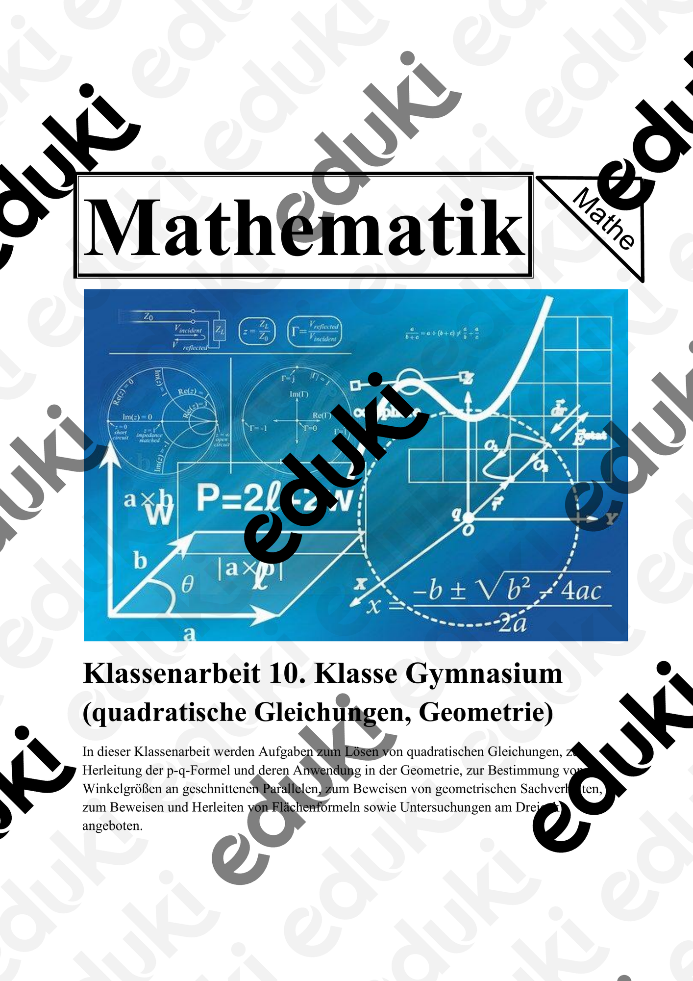 Klassenarbeit 10. Klasse Gymnasium (quadratische Gleichungen, Geometrie