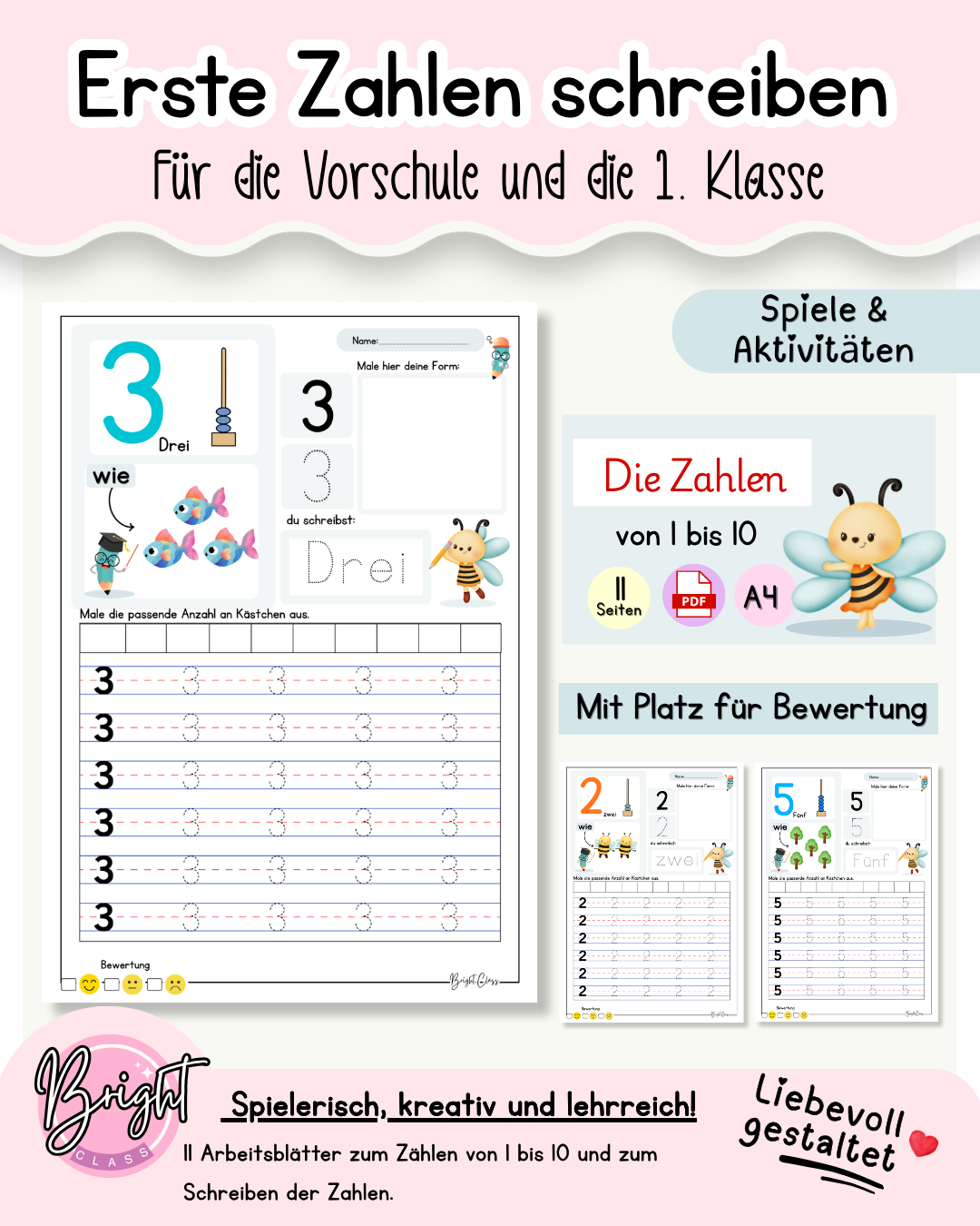 Zahlen schreiben lernen und Übungen für Vorschule ZR 10