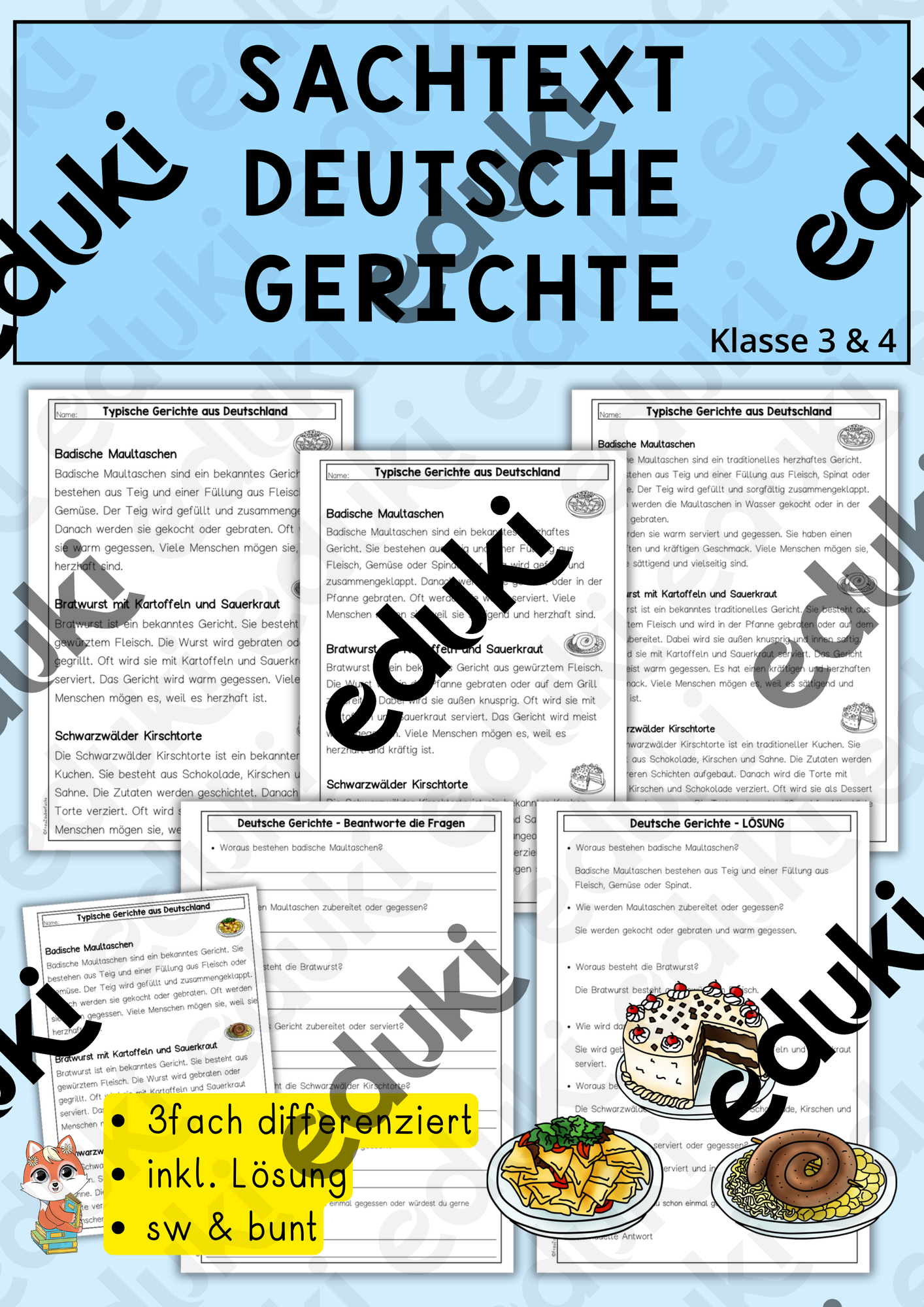 Sachtext Deutsche Gerichte, Leseverständnis, differenziert, Deutsch