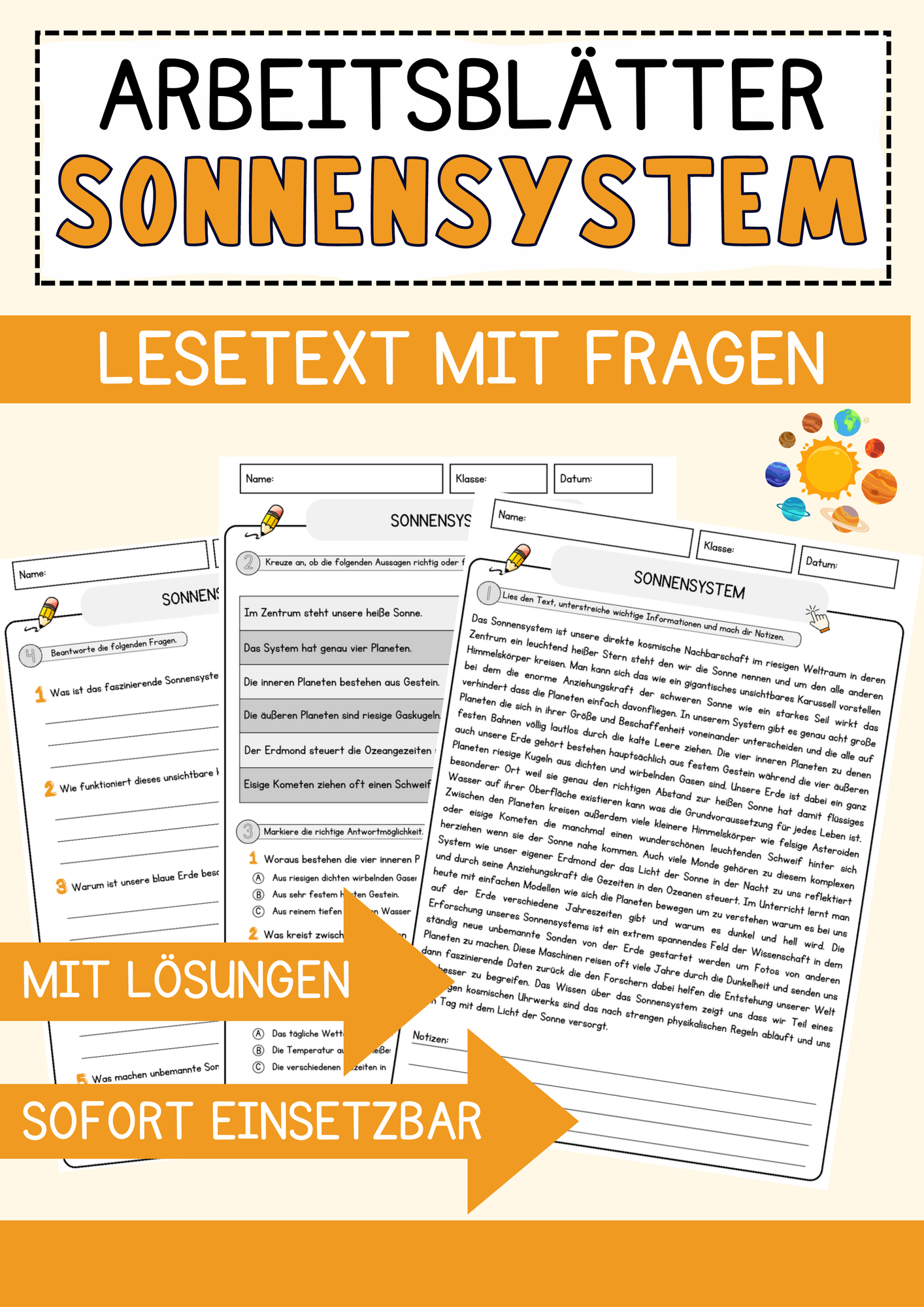 Sonnensystem Arbeitsblätter mit Fragen + Lösungen Lesetext