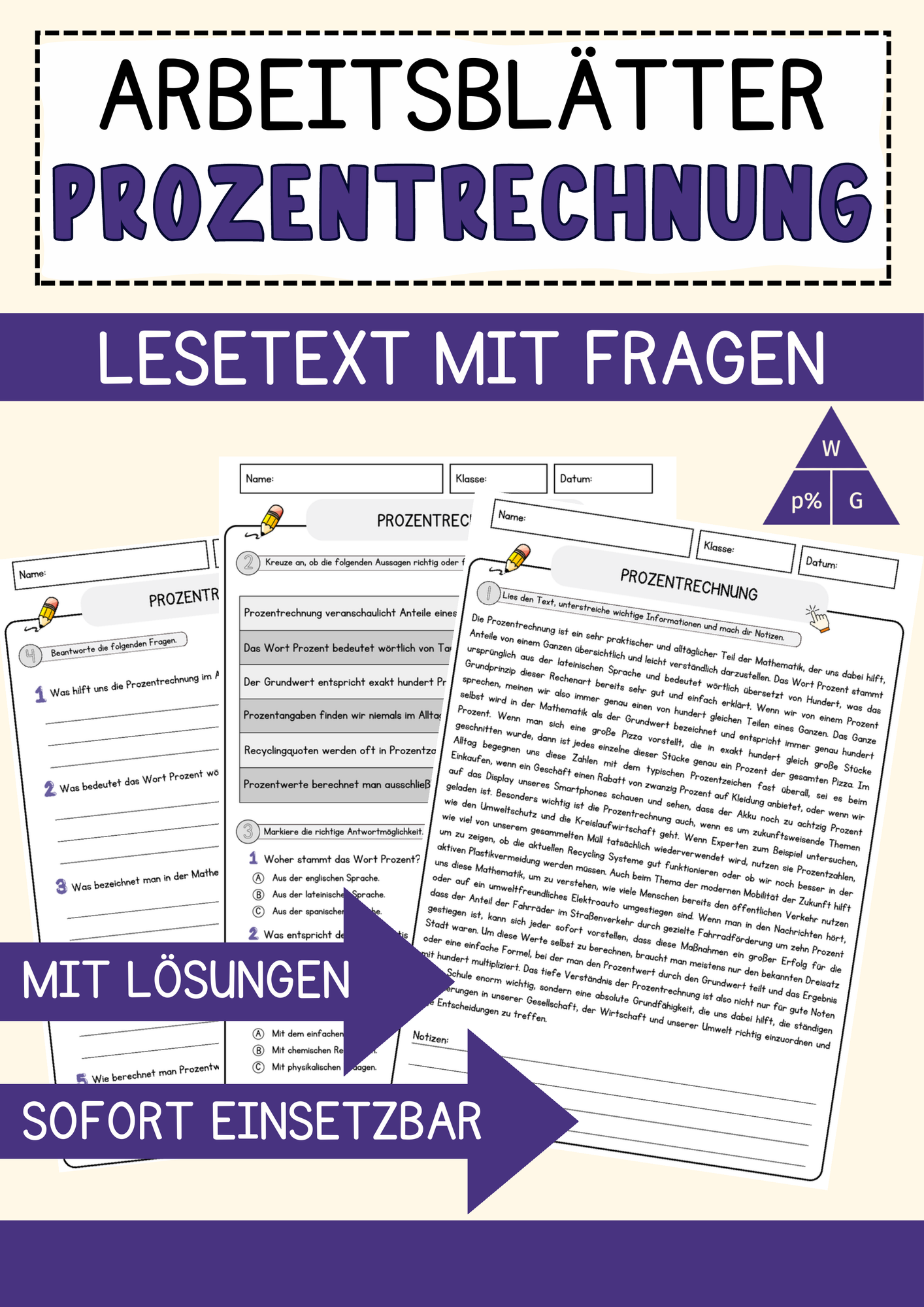 Prozentrechnung Arbeitsblätter mit Fragen + Lösungen Lesetext
