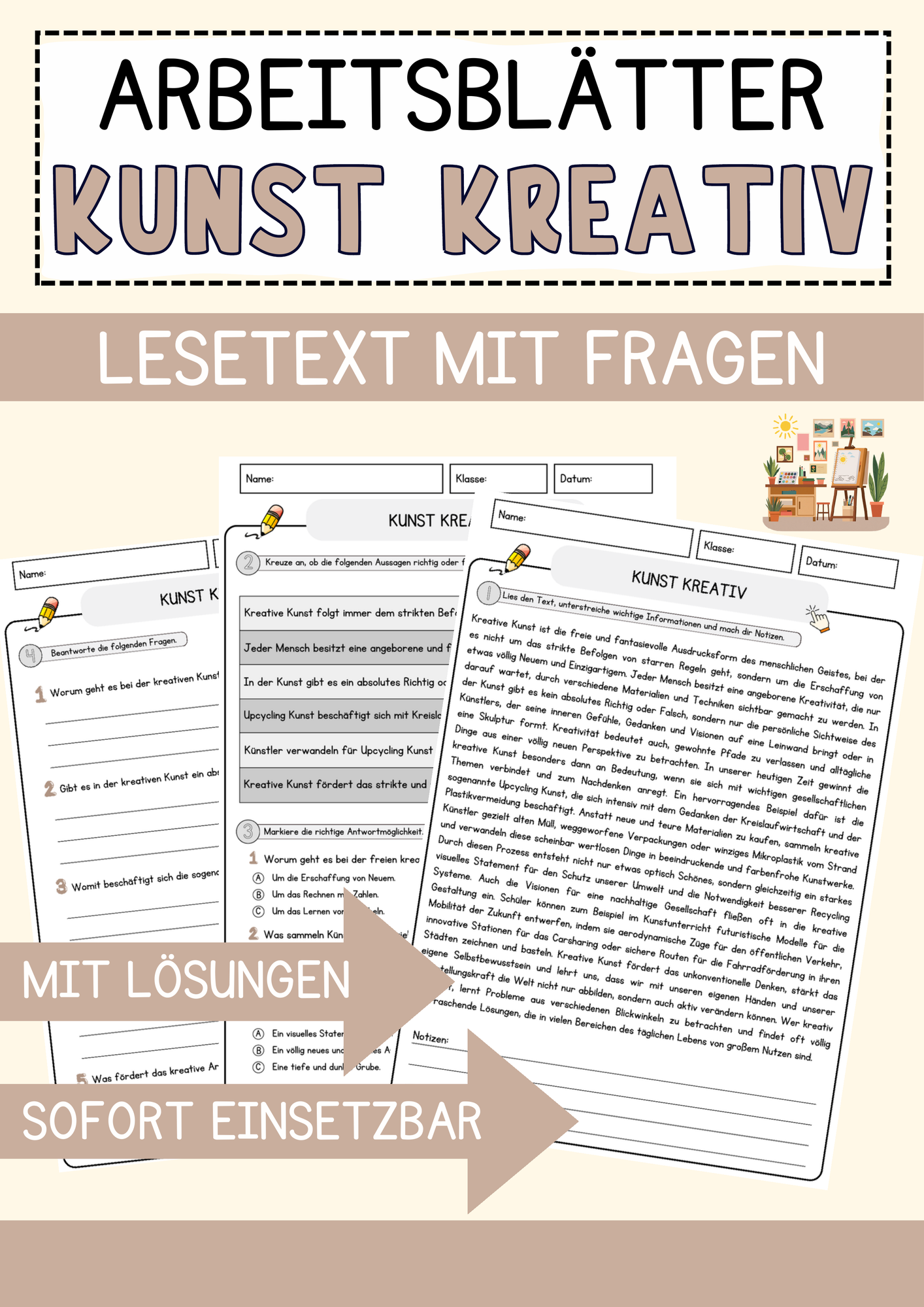 Kunst kreativ Arbeitsblätter mit Fragen + Lösungen Lesetext