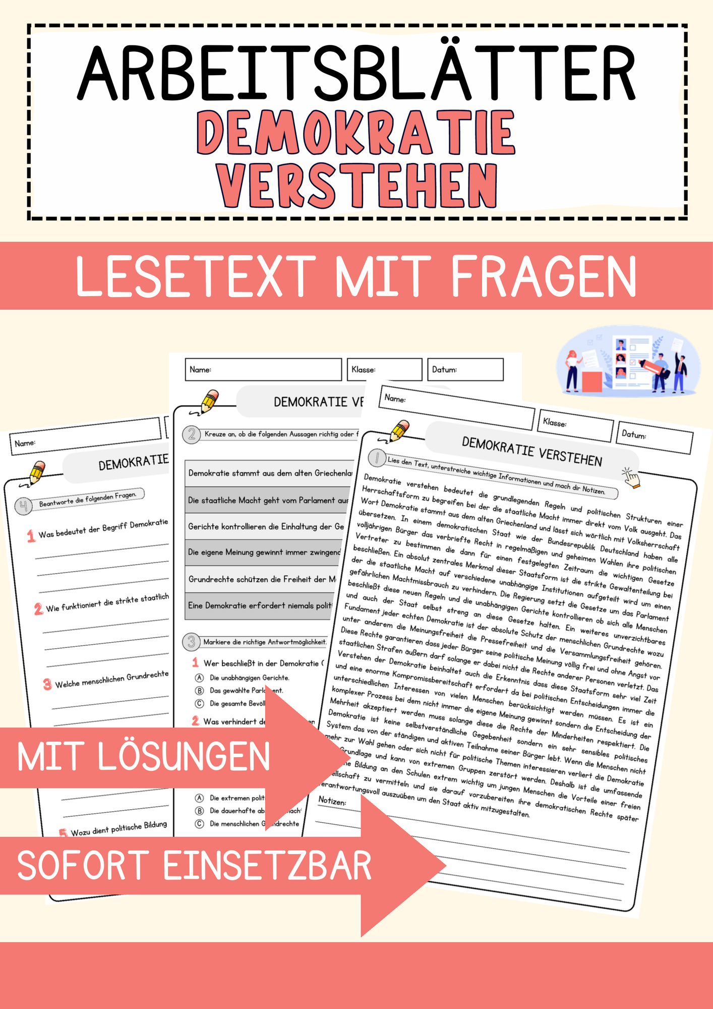 Demokratie verstehen Arbeitsblätter mit Fragen + Lösungen Lesetext