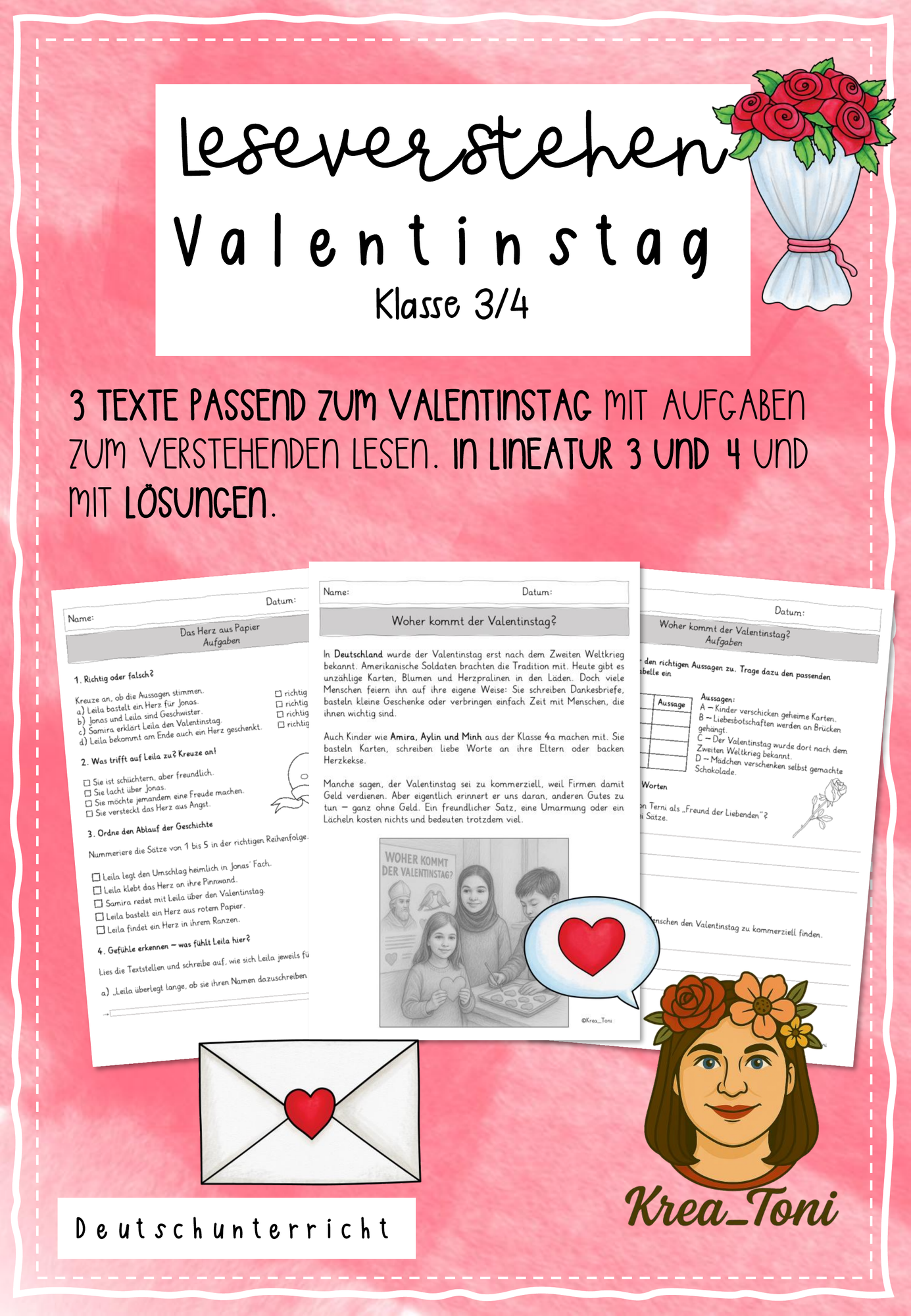 Lesen üben: Leseverstehen & Leseverständnis Valentinstag – 3 Texte mit